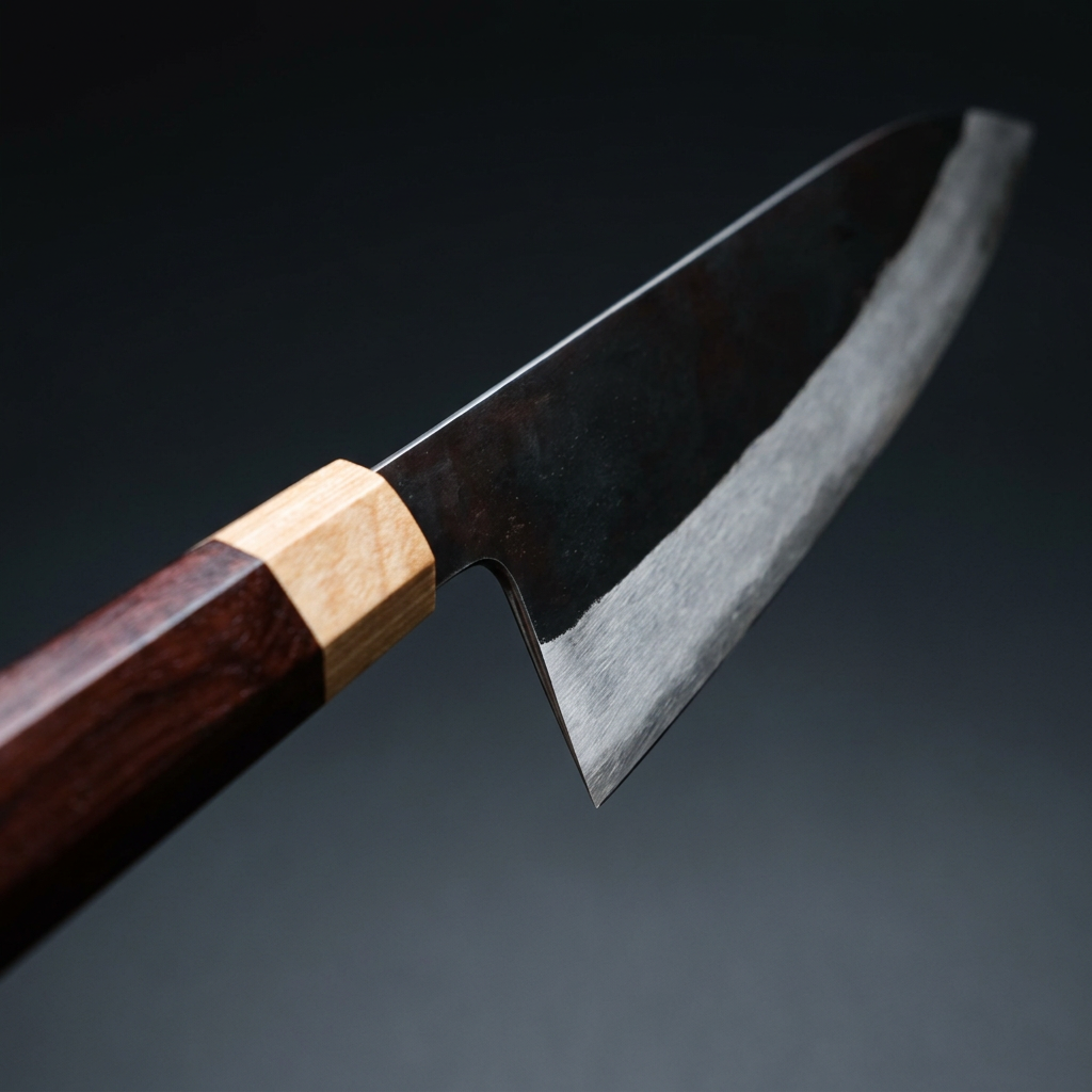 Hand-forged Gyuto chef knife, rosewood and maple handle, view 4
