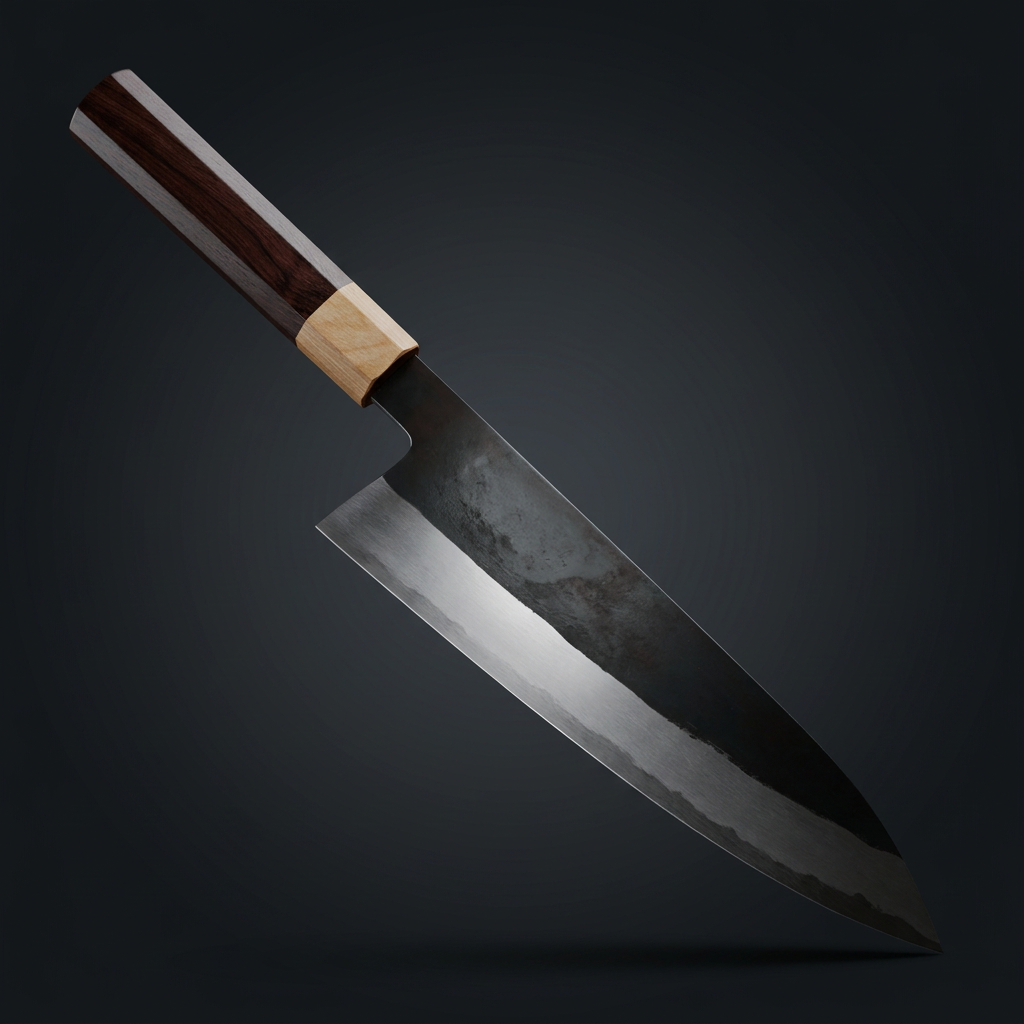 Hand-forged Gyuto chef knife, rosewood and maple handle, view 5