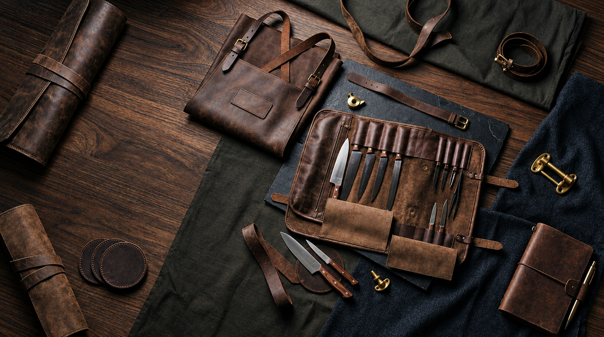 A styled flat-lay of leather crafting tools and accessories arranged on a dark wood tabletop, including a knife roll with several knives, leather pouches, straps, and a dark cloth.