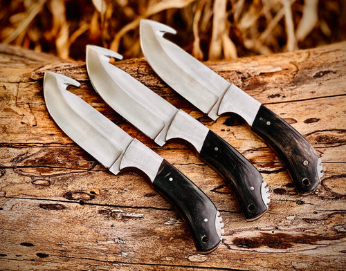 3-piece gut hook skinning knife set with black horn handles