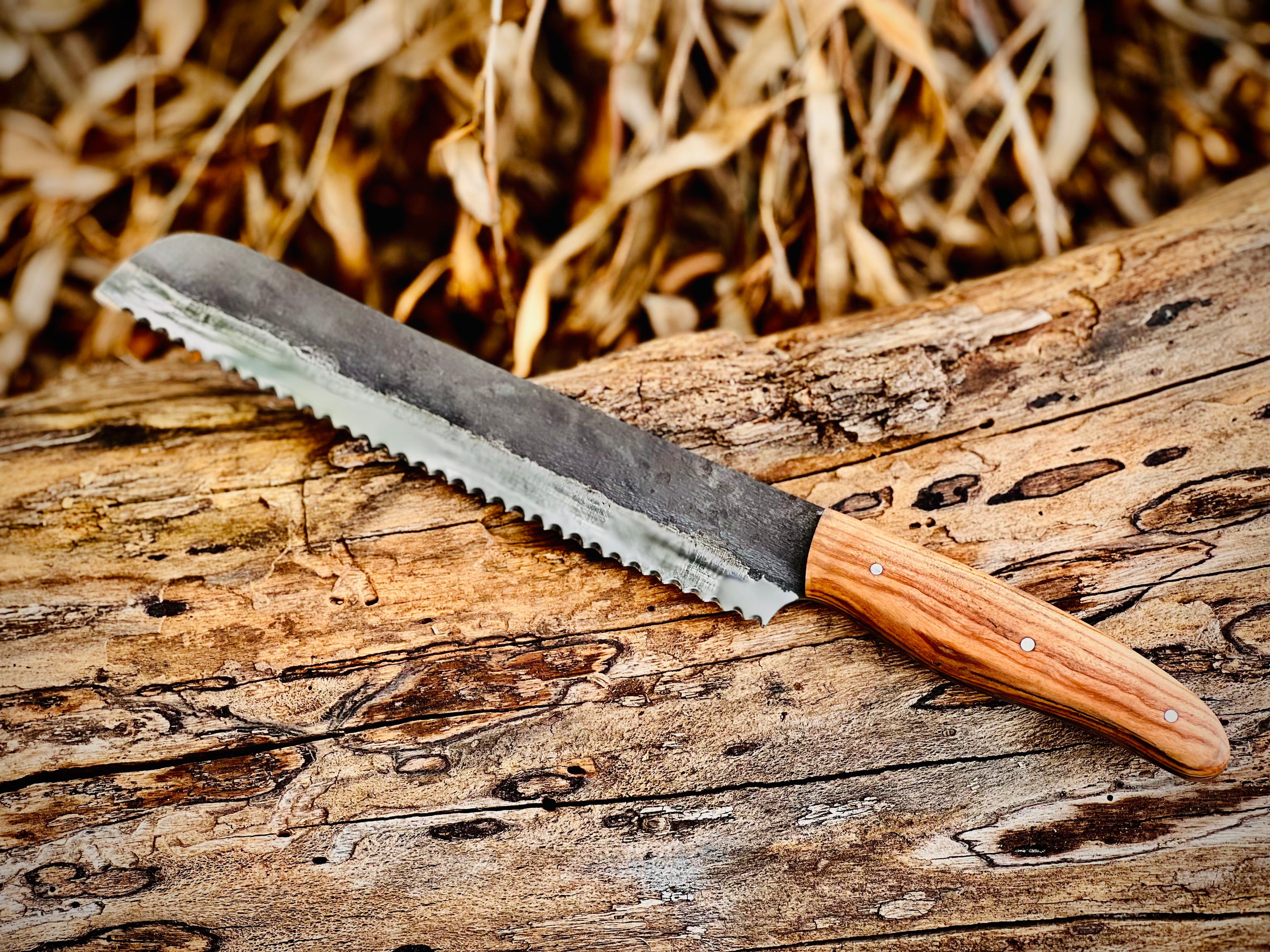 Forged serrated bread knife with olive wood handle