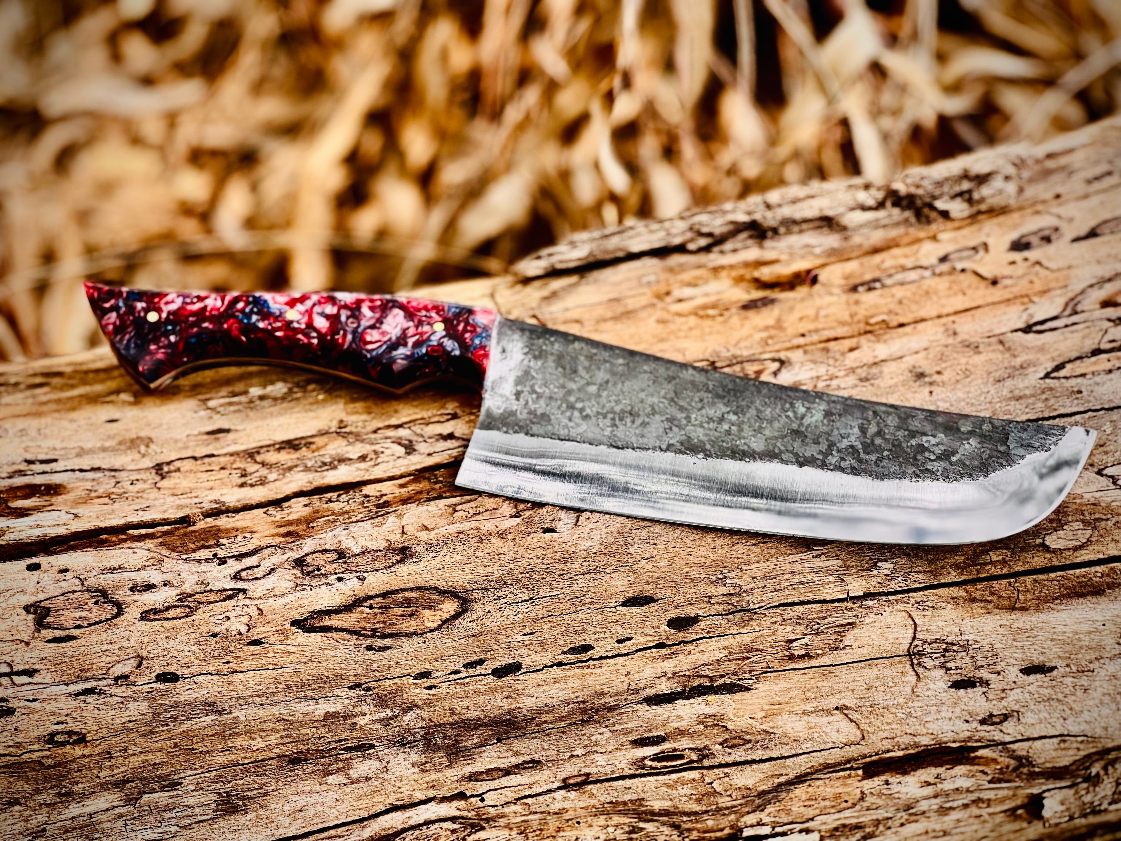 Forged chef knife with galaxy resin handle and hamon line