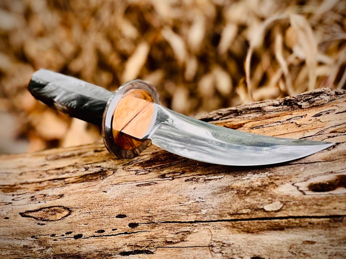 Obsidian hook-blade skinning knife with black handle