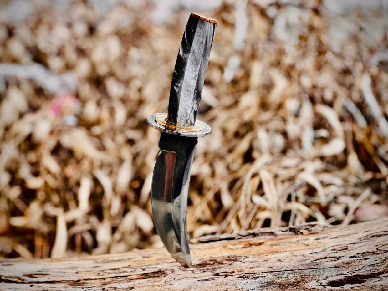 Obsidian hook-blade skinning knife with black handle