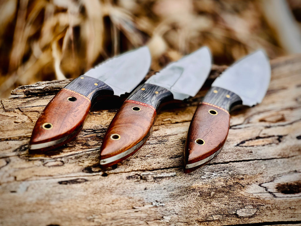 3-piece caping and skinning knife set with rosewood handles