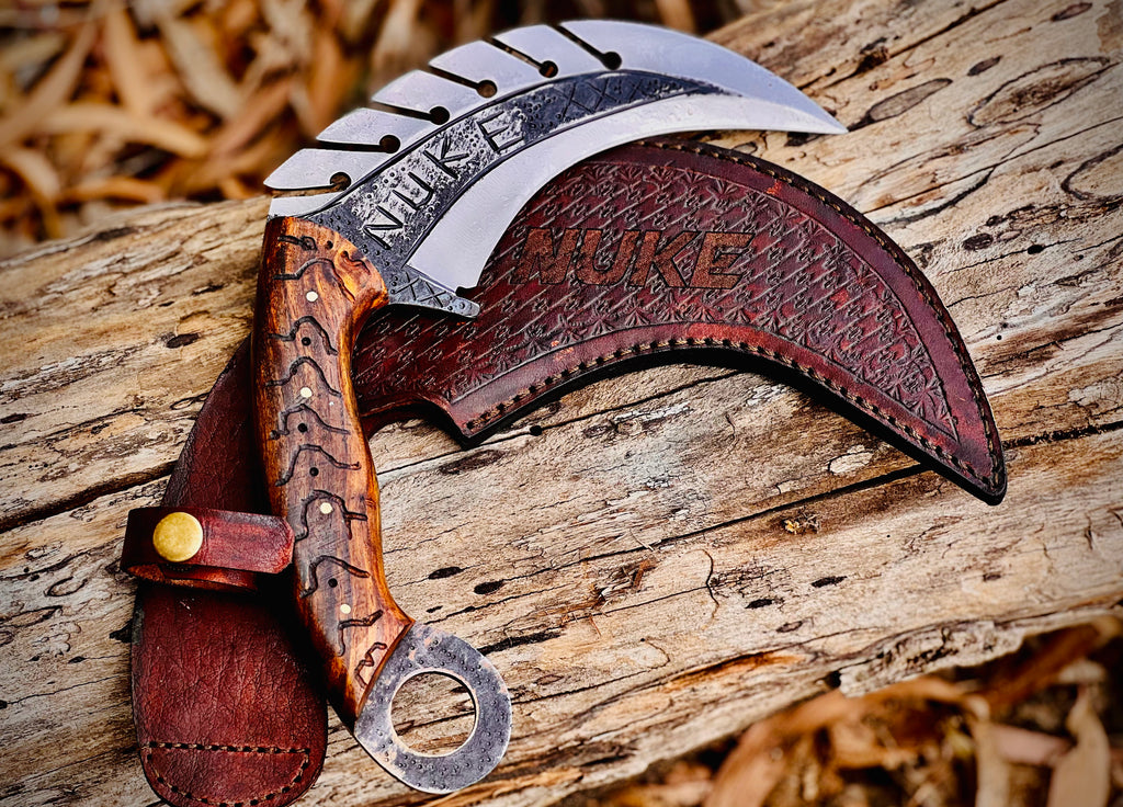 Forged karambit utility knife with wood handle and saw-tooth spine