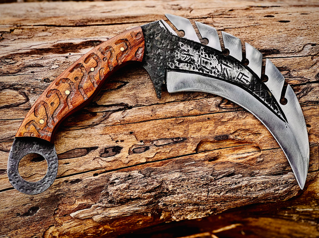 Forged karambit utility knife with wood handle and saw-tooth spine