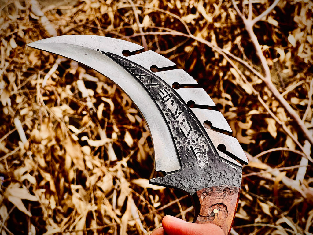 Forged karambit utility knife with wood handle and saw-tooth spine