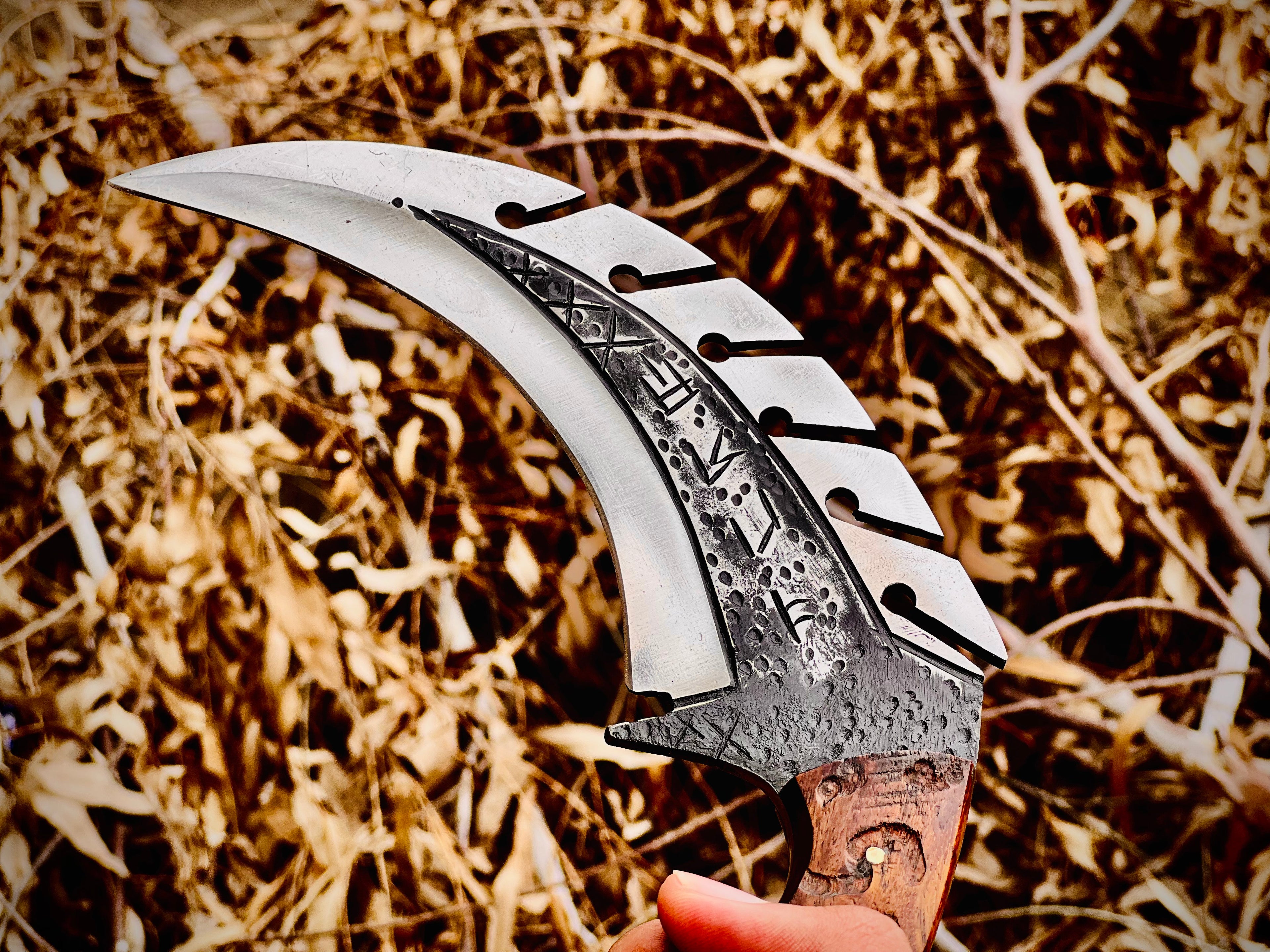 Forged karambit utility knife with wood handle and saw-tooth spine