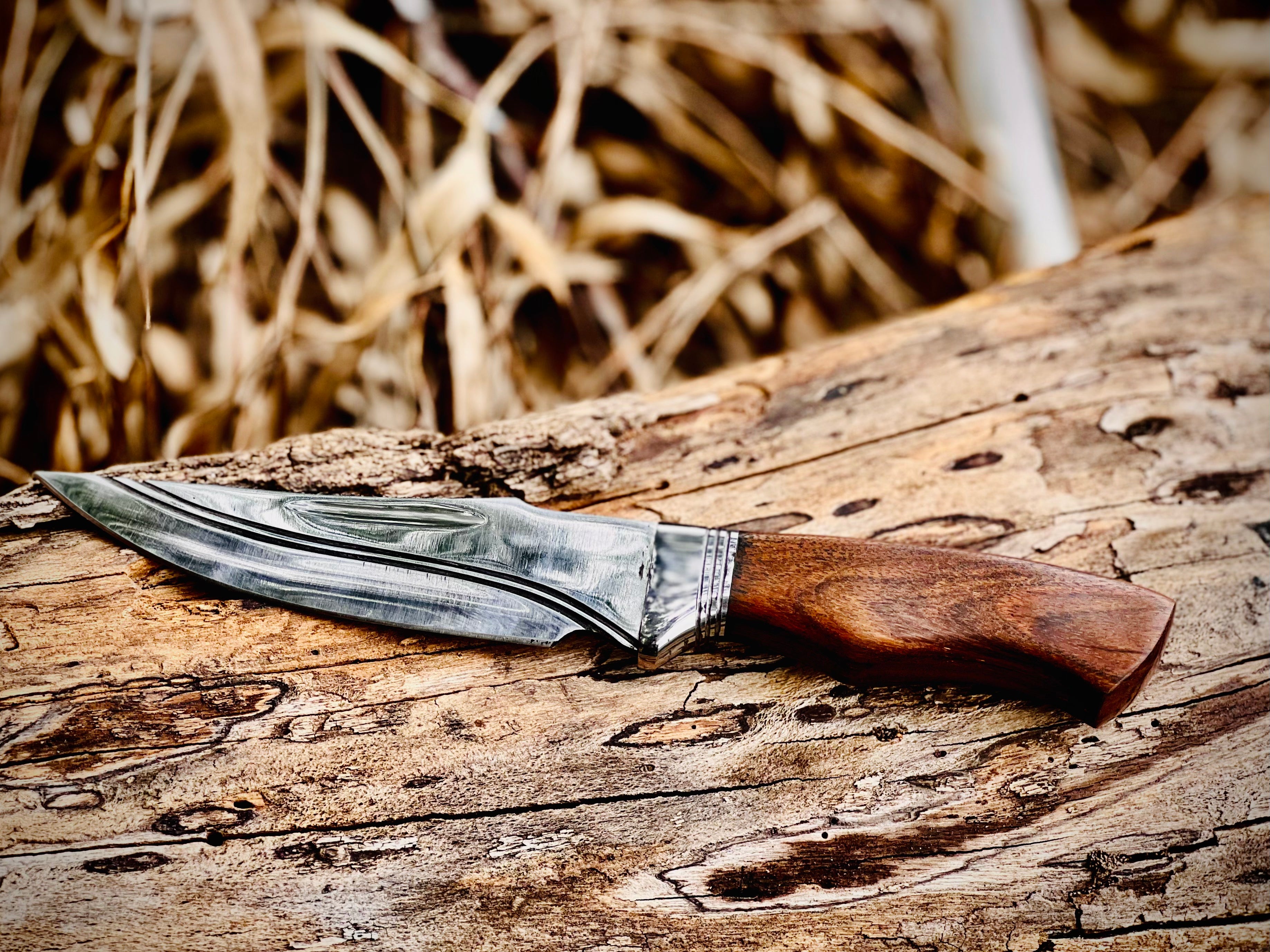 Forged hunting knife with walnut handle and polished fixed blade