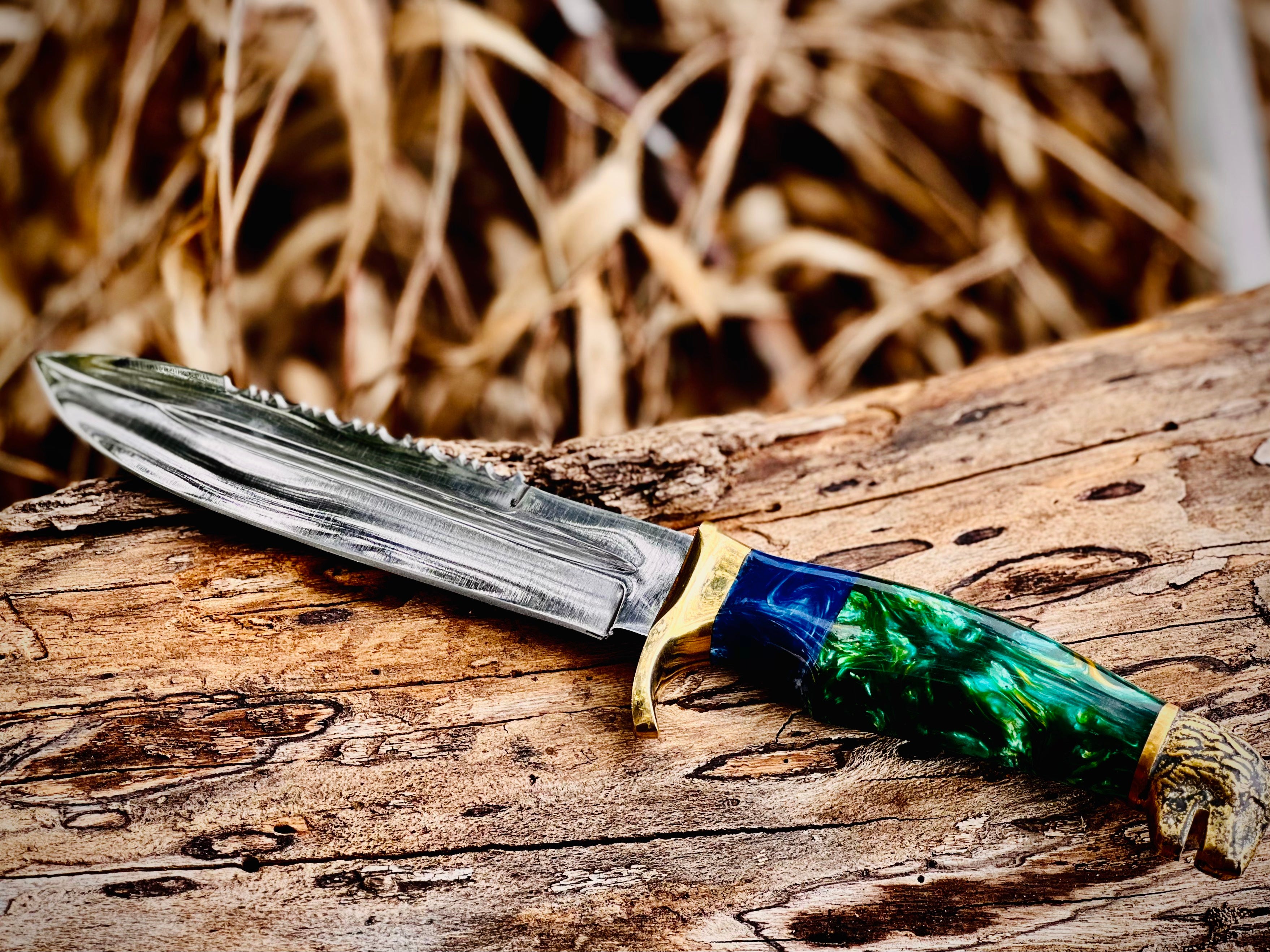 Tidewater serrated Damascus bowie knife with blue-green resin handle