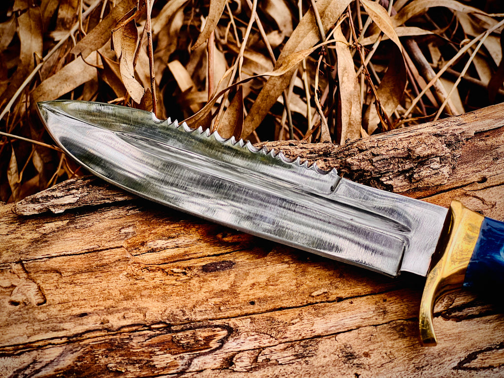 Tidewater serrated Damascus bowie knife with blue-green resin handle