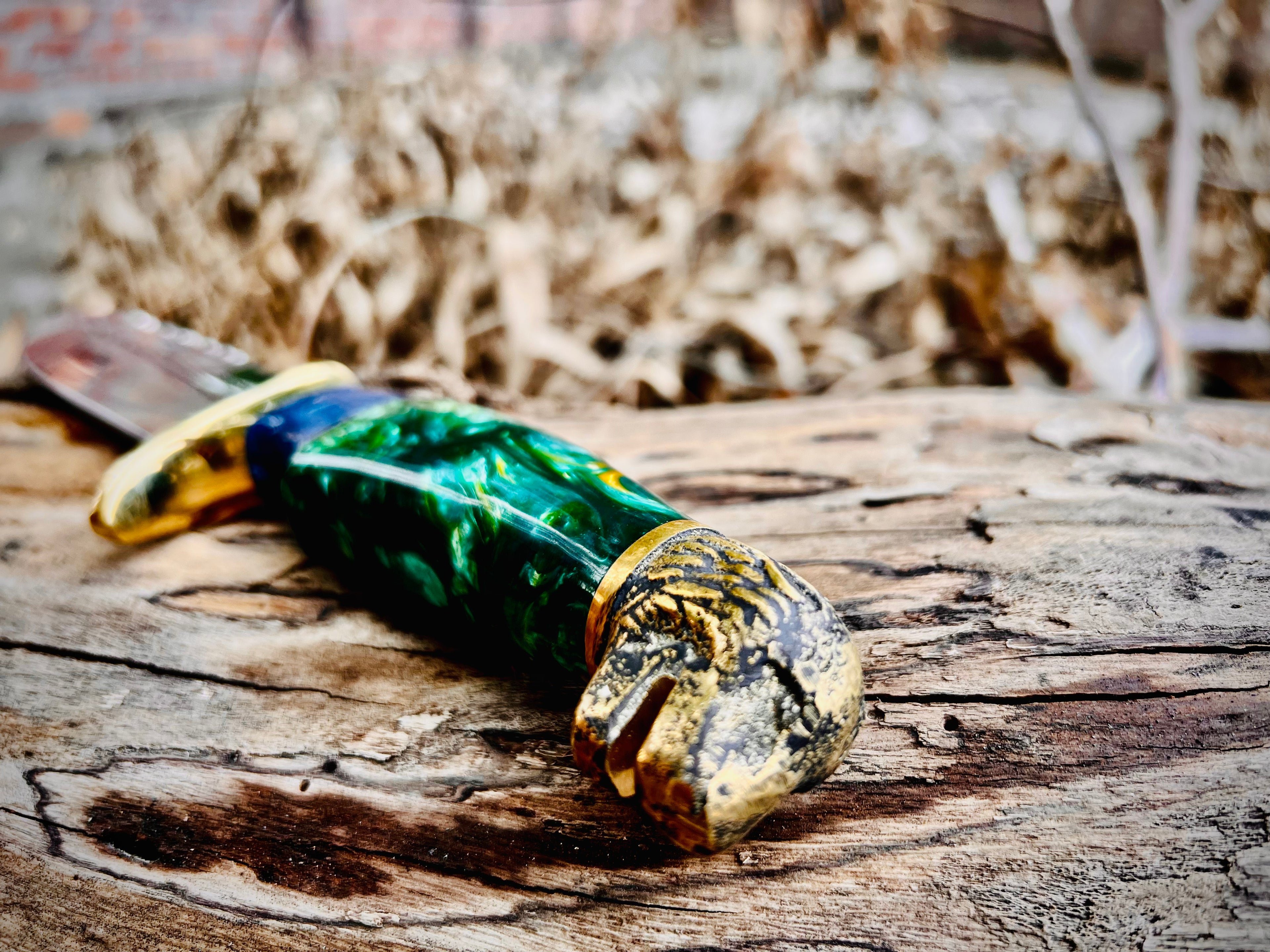 Tidewater serrated Damascus bowie knife with blue-green resin handle