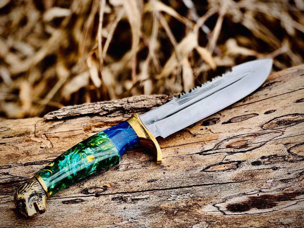 Tidewater serrated Damascus bowie knife with blue-green resin handle