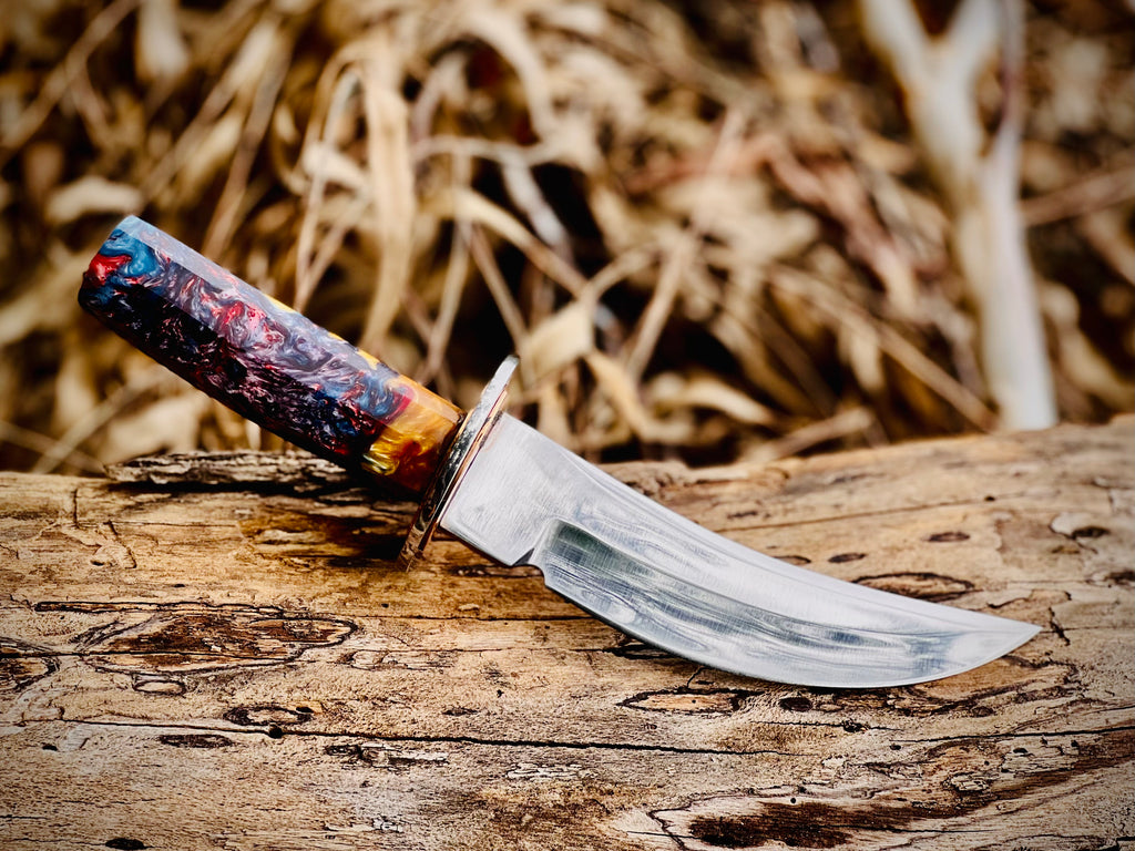 Wildfire Damascus skinning knife with multicolour resin handle