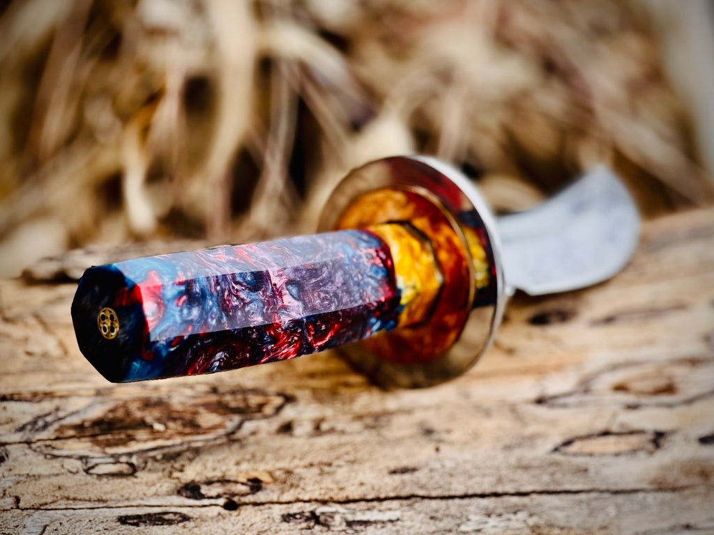 Wildfire Damascus skinning knife with multicolour resin handle