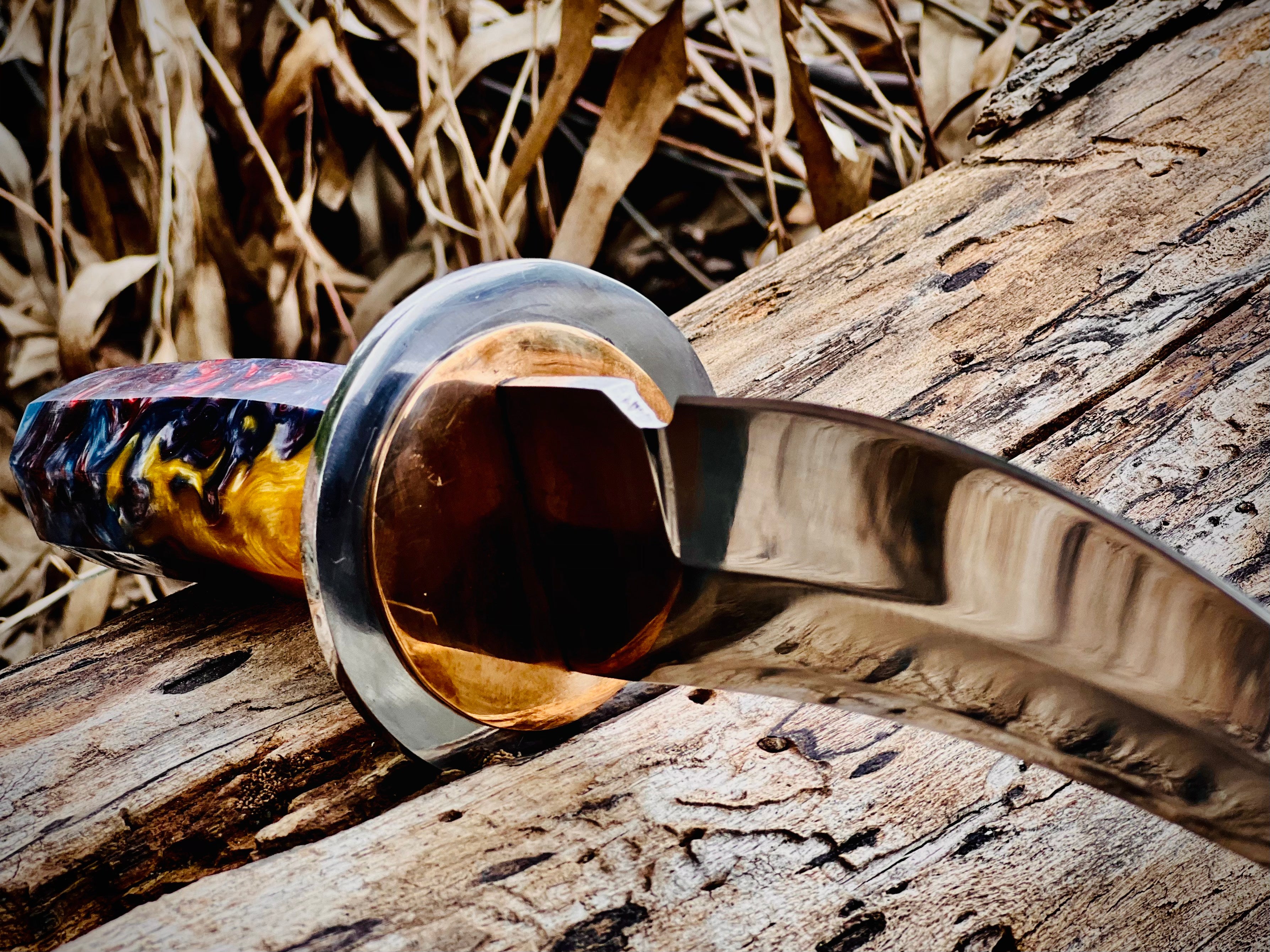 Wildfire Damascus skinning knife with multicolour resin handle