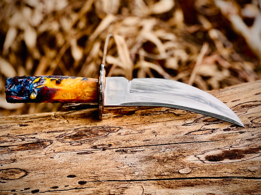 Wildfire Damascus skinning knife with multicolour resin handle