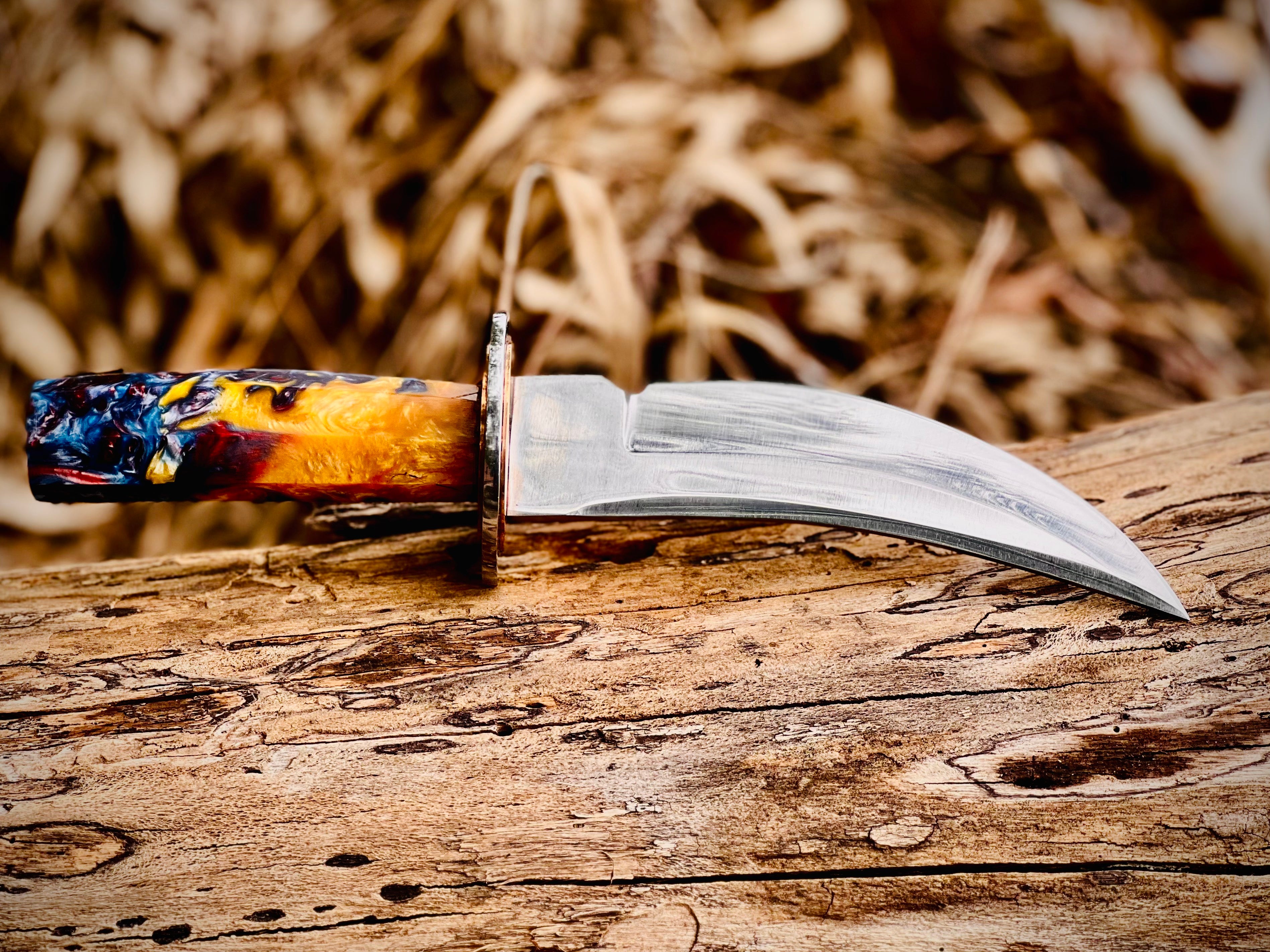 Wildfire Damascus skinning knife with multicolour resin handle