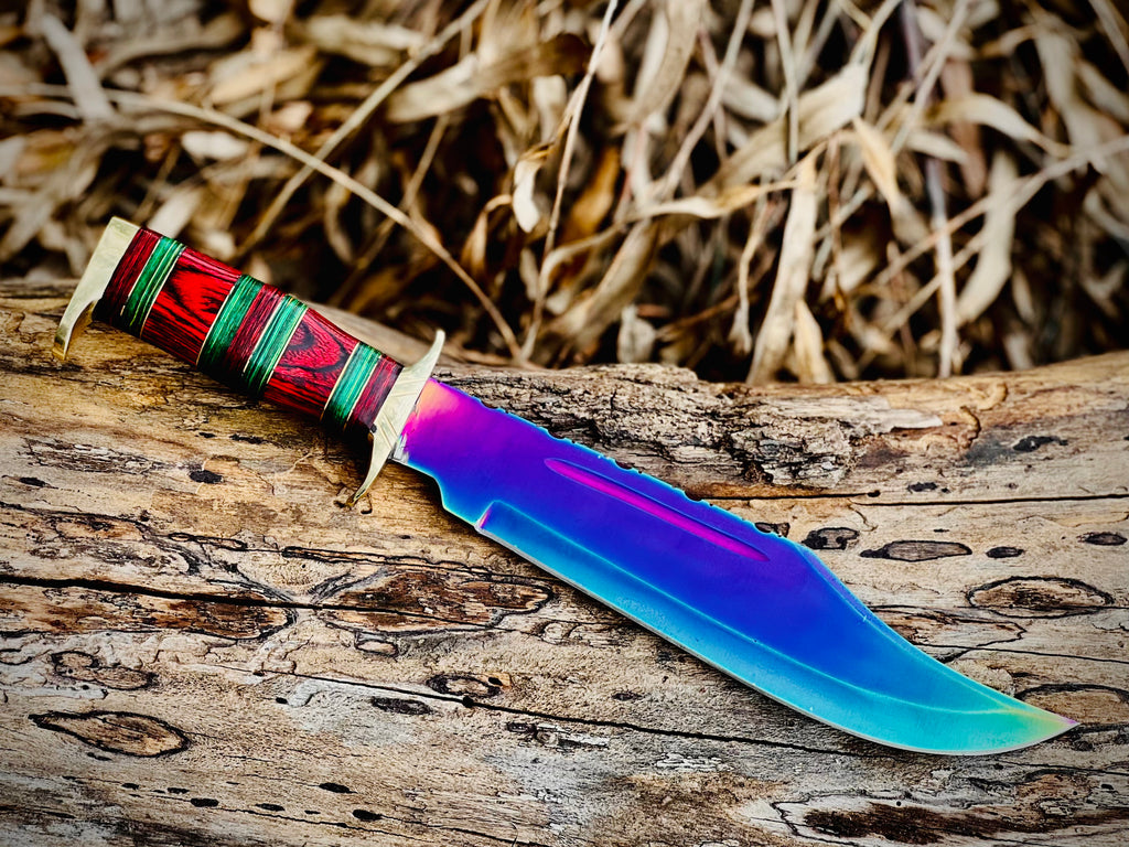 Hand-forged bowie knife with cord-wrapped handle and brass guard