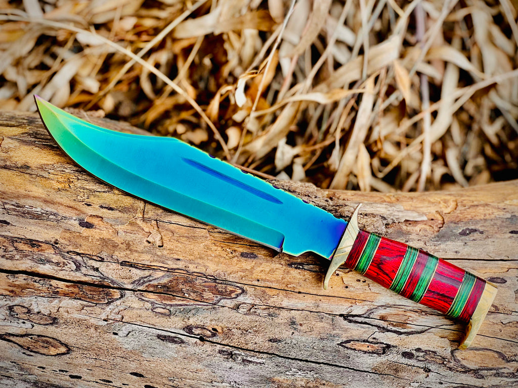 Hand-forged bowie knife with cord-wrapped handle and brass guard