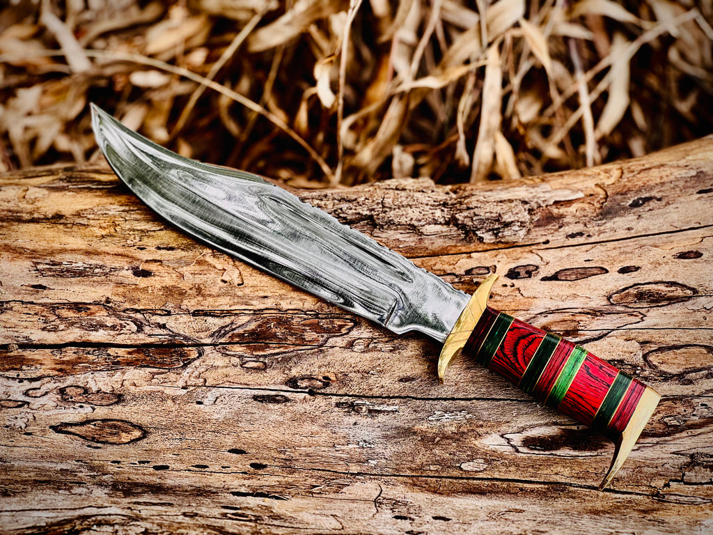 Hand-forged bowie knife with cord-wrapped handle and brass guard