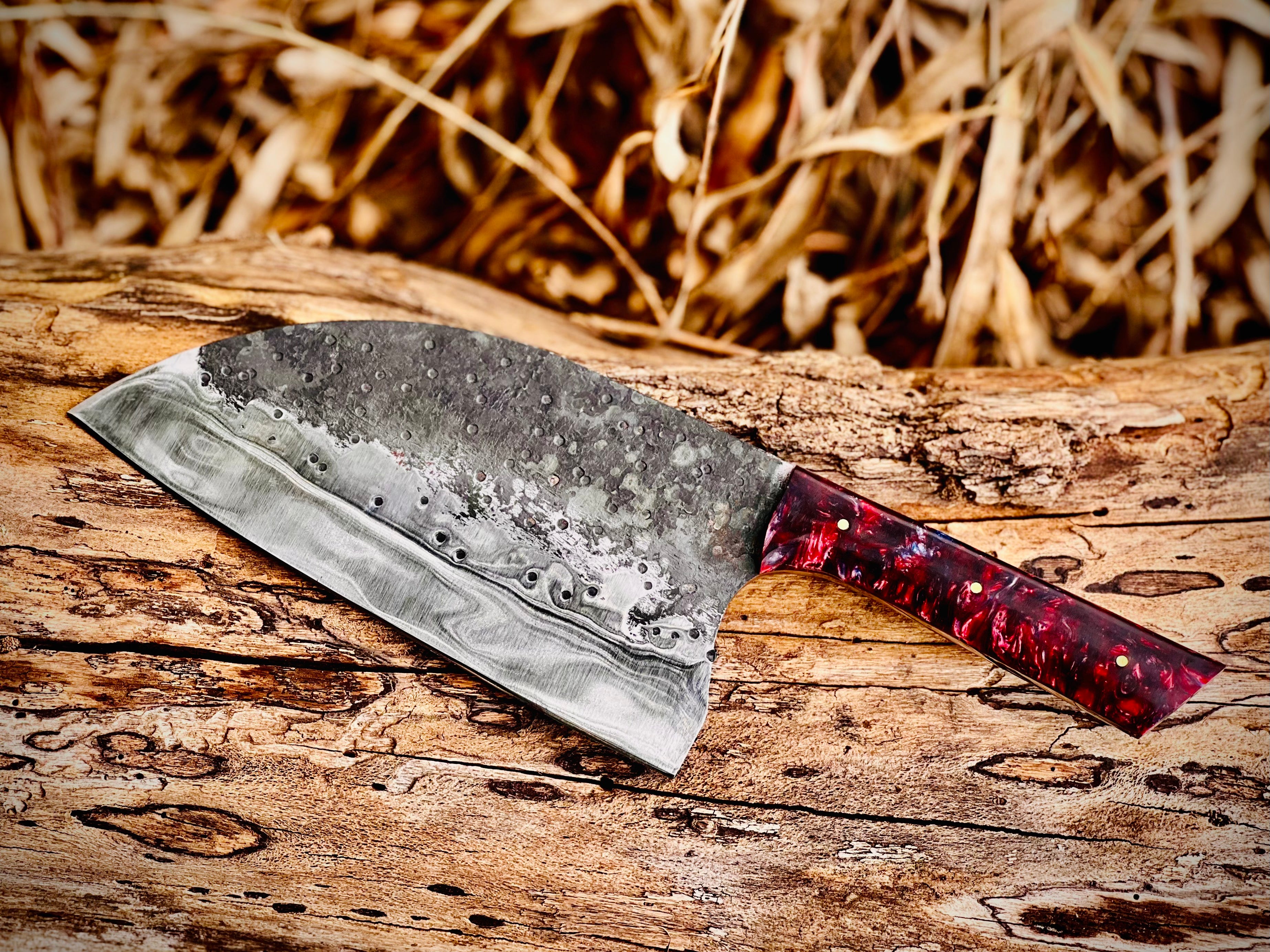 Hand-forged chef's cleaver with galaxy resin handle and hamon line