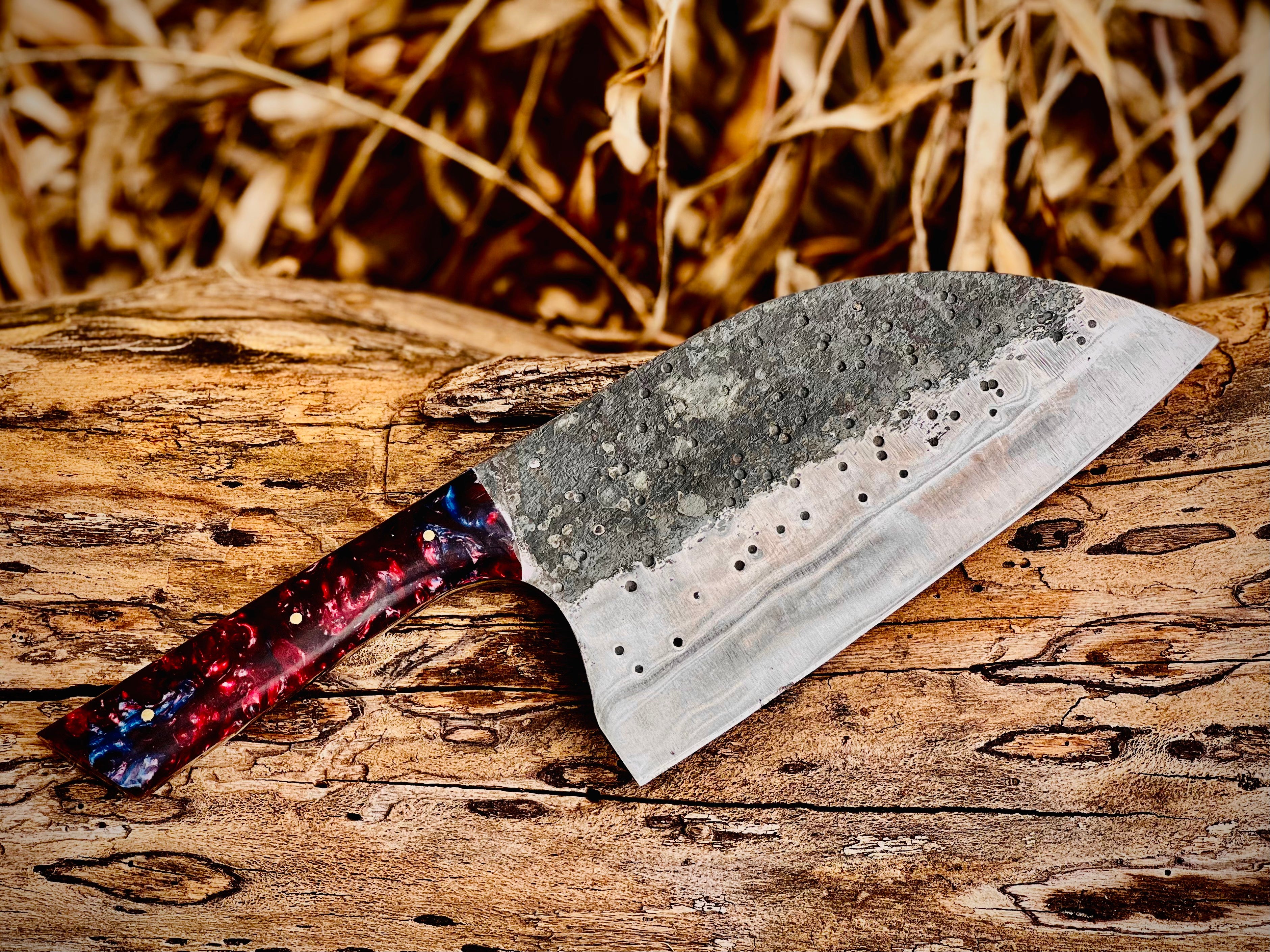 Hand-forged chef's cleaver with galaxy resin handle and hamon line