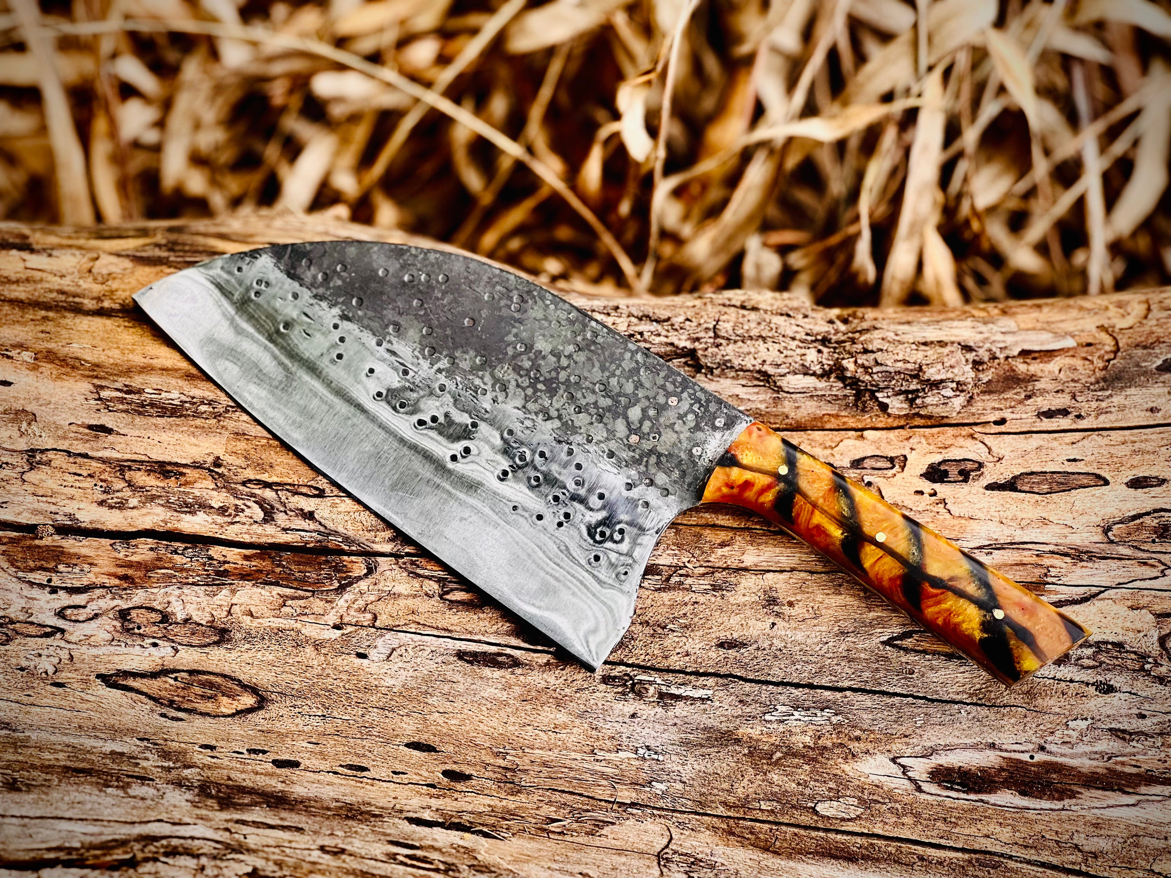 Hand-forged chef's cleaver with tortoiseshell resin handle