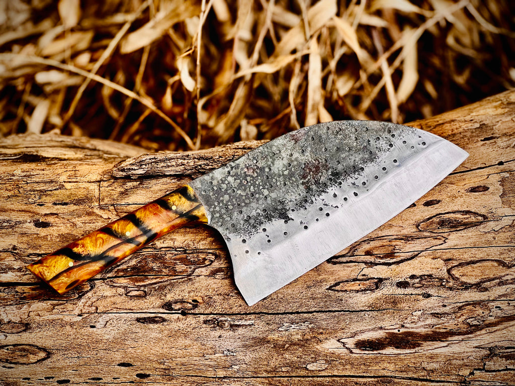 Hand-forged chef's cleaver with tortoiseshell resin handle