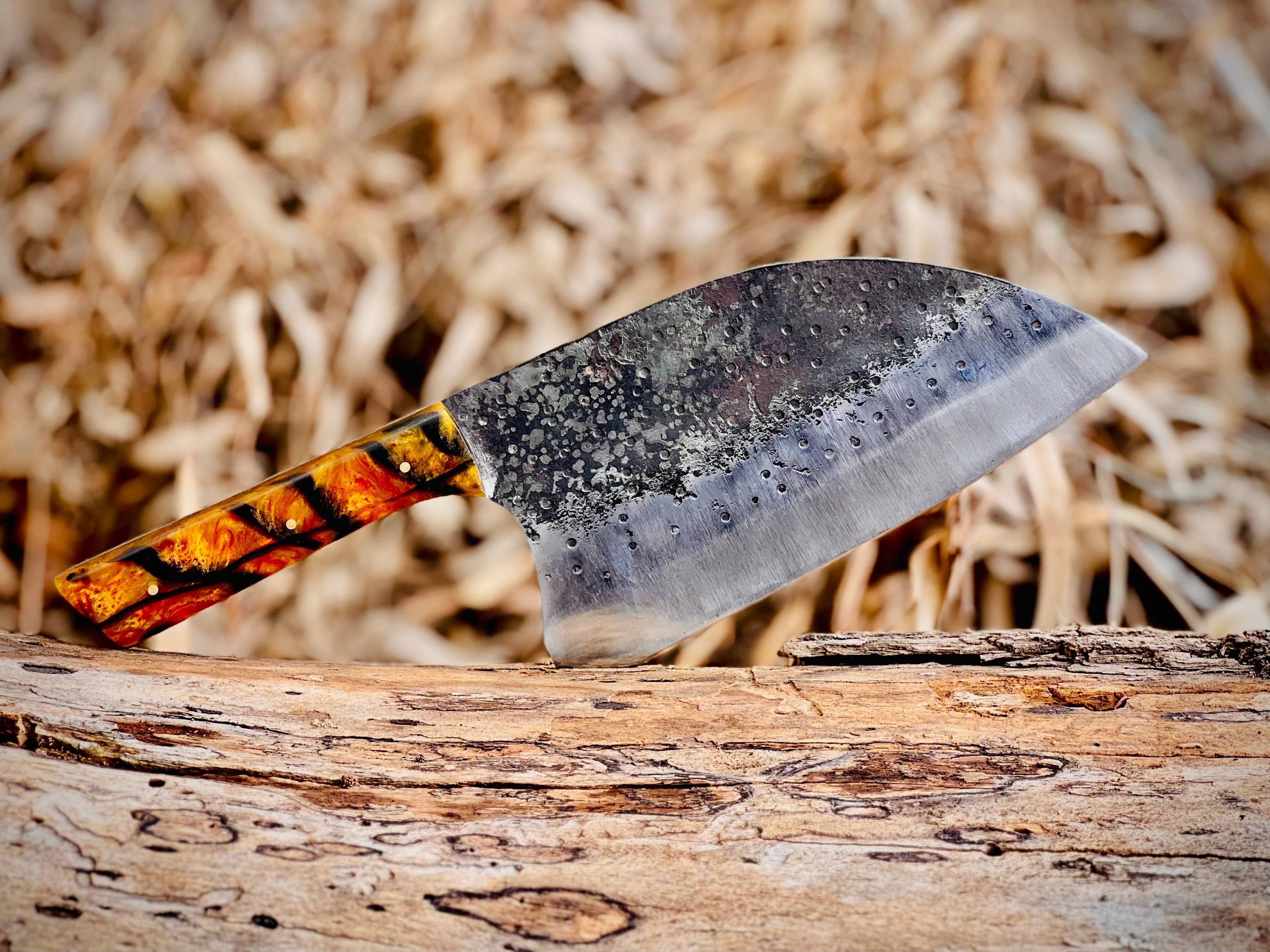 Hand-forged chef's cleaver with tortoiseshell resin handle