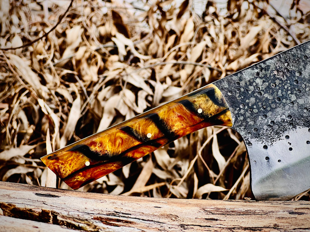 Hand-forged chef's cleaver with tortoiseshell resin handle