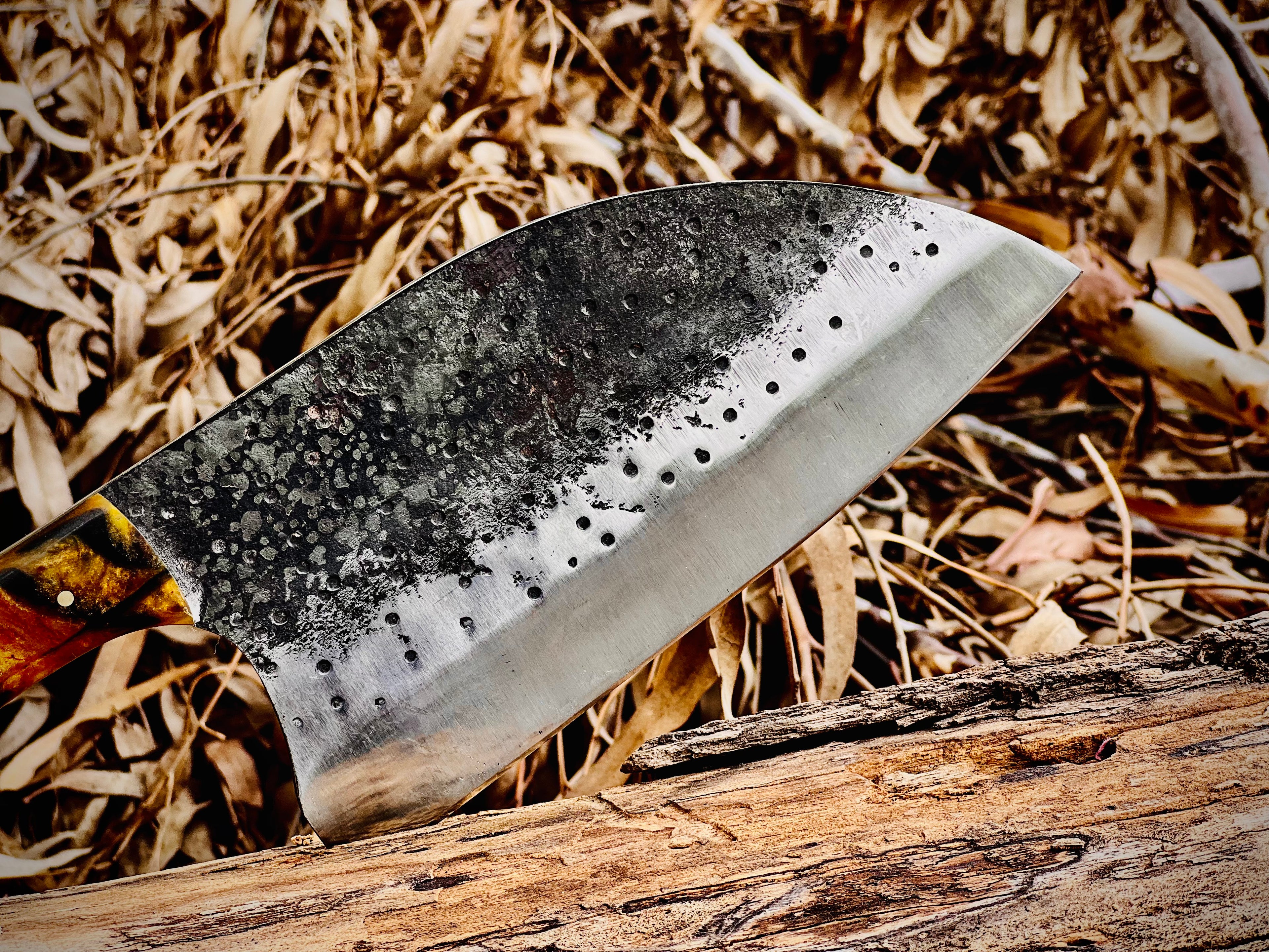 Hand-forged chef's cleaver with tortoiseshell resin handle