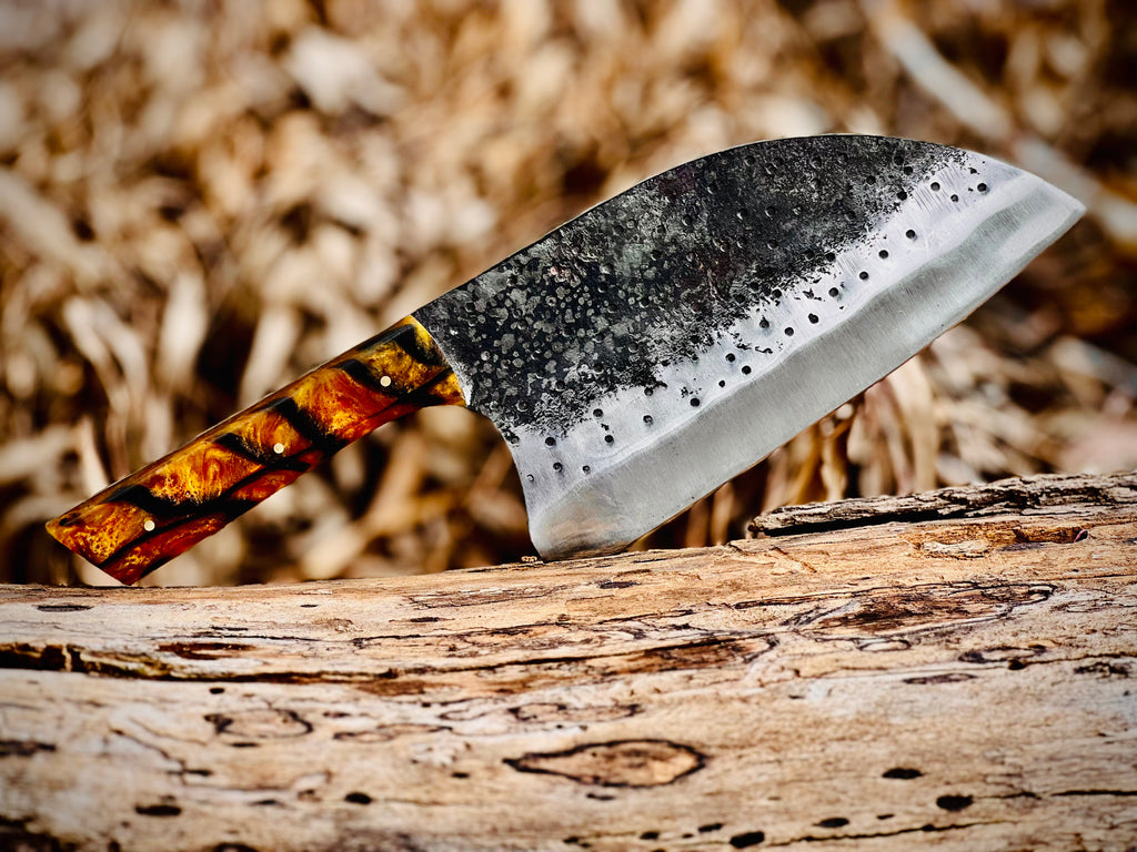 Hand-forged chef's cleaver with tortoiseshell resin handle