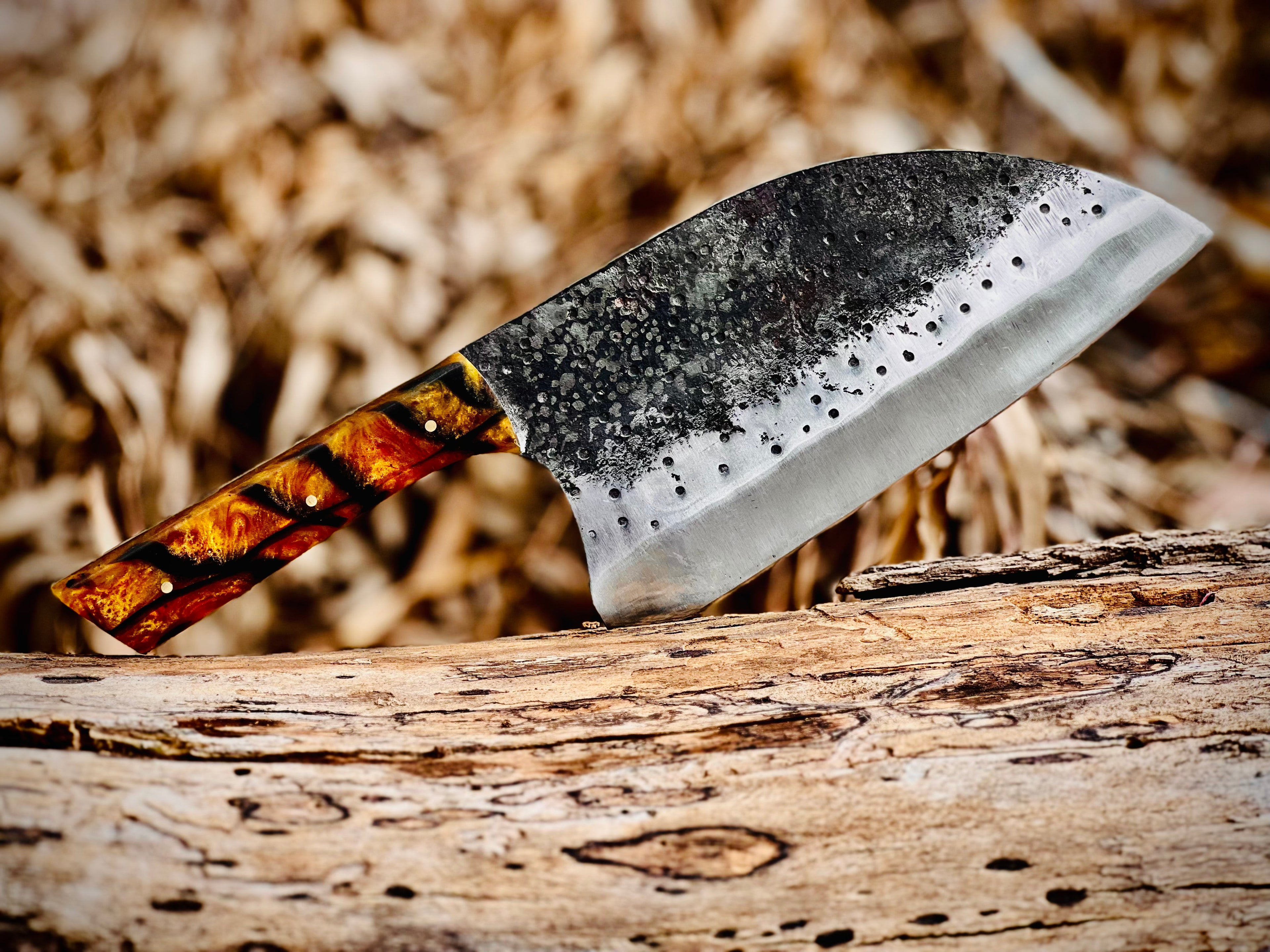 Hand-forged chef's cleaver with tortoiseshell resin handle