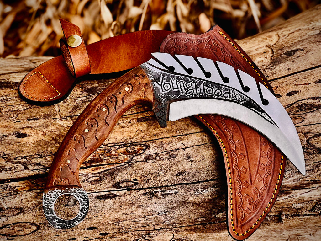 Forged karambit utility knife with wood handle and saw-tooth spine