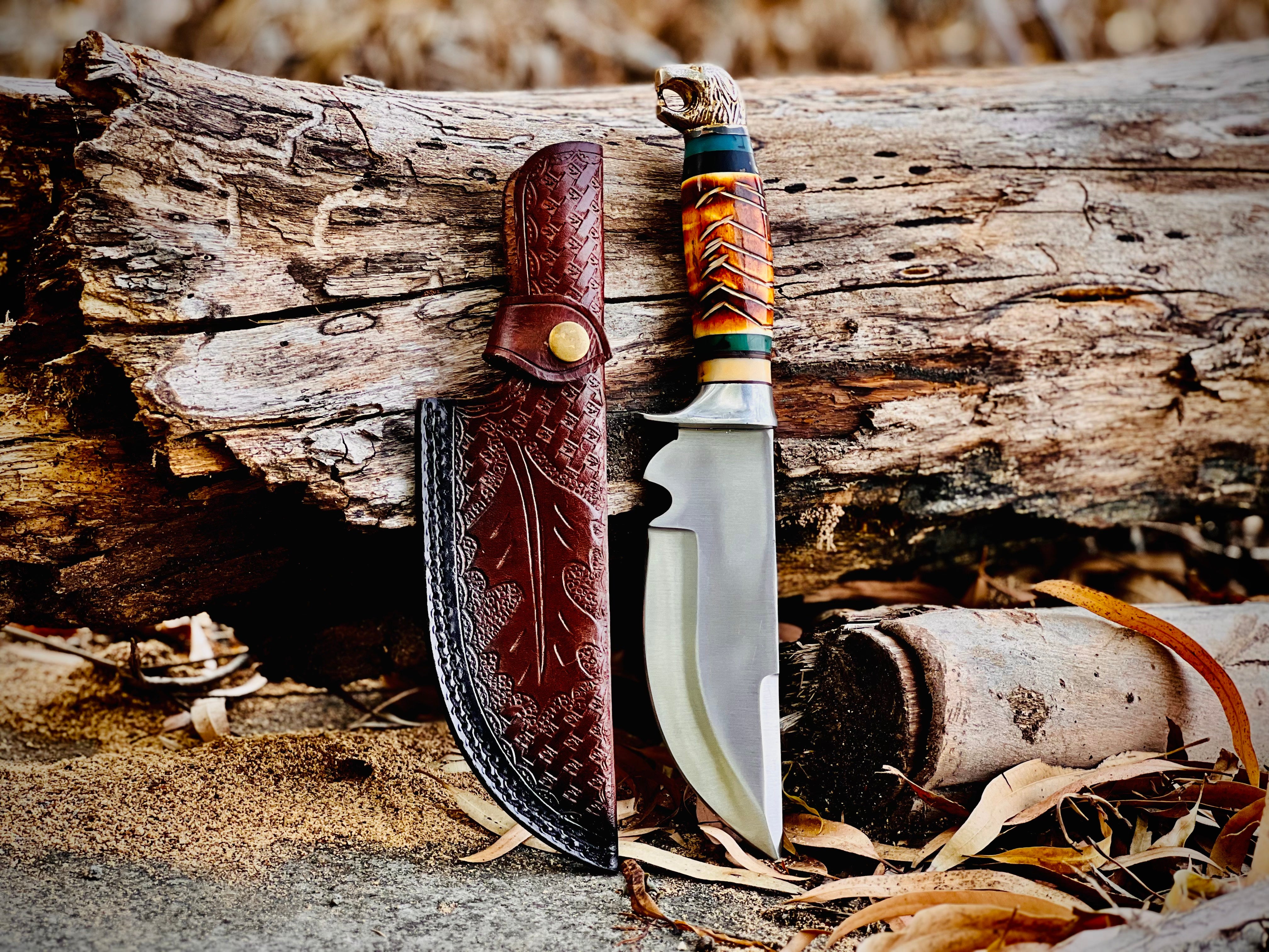 Trailwoven skinner knife with gut hook and leather-laced handle