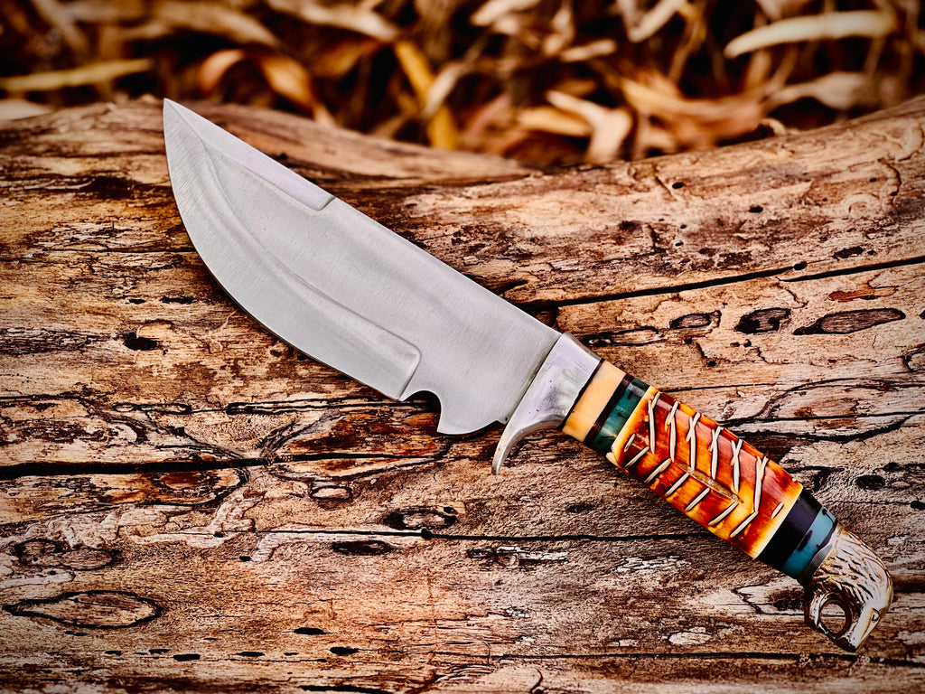 Trailwoven skinner knife with gut hook and leather-laced handle