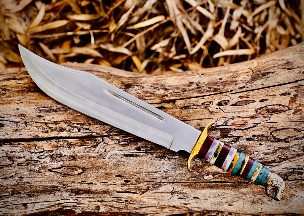 Painted Desert bowie knife with stacked multicolour spacer handle