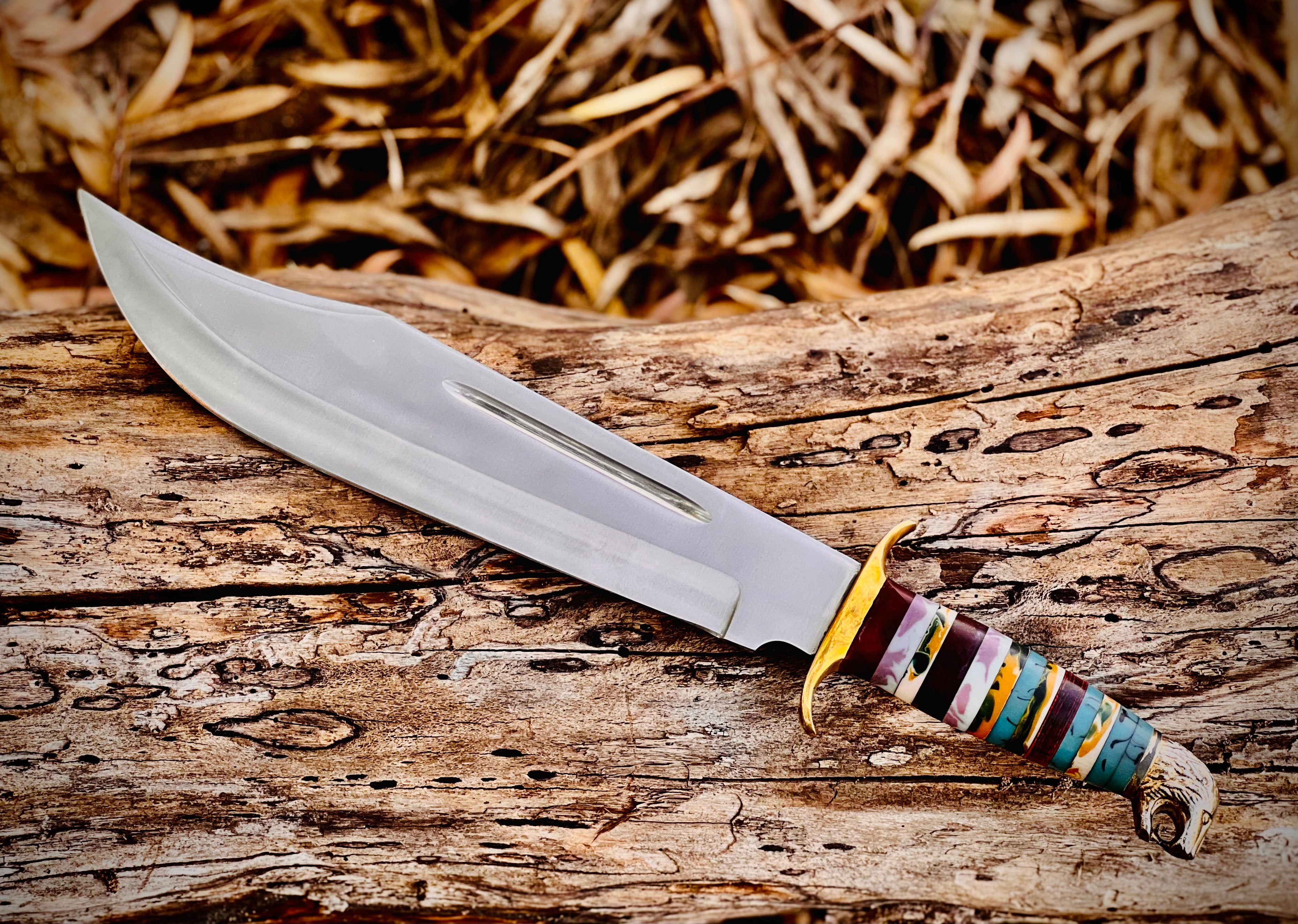Painted Desert bowie knife with stacked multicolour spacer handle
