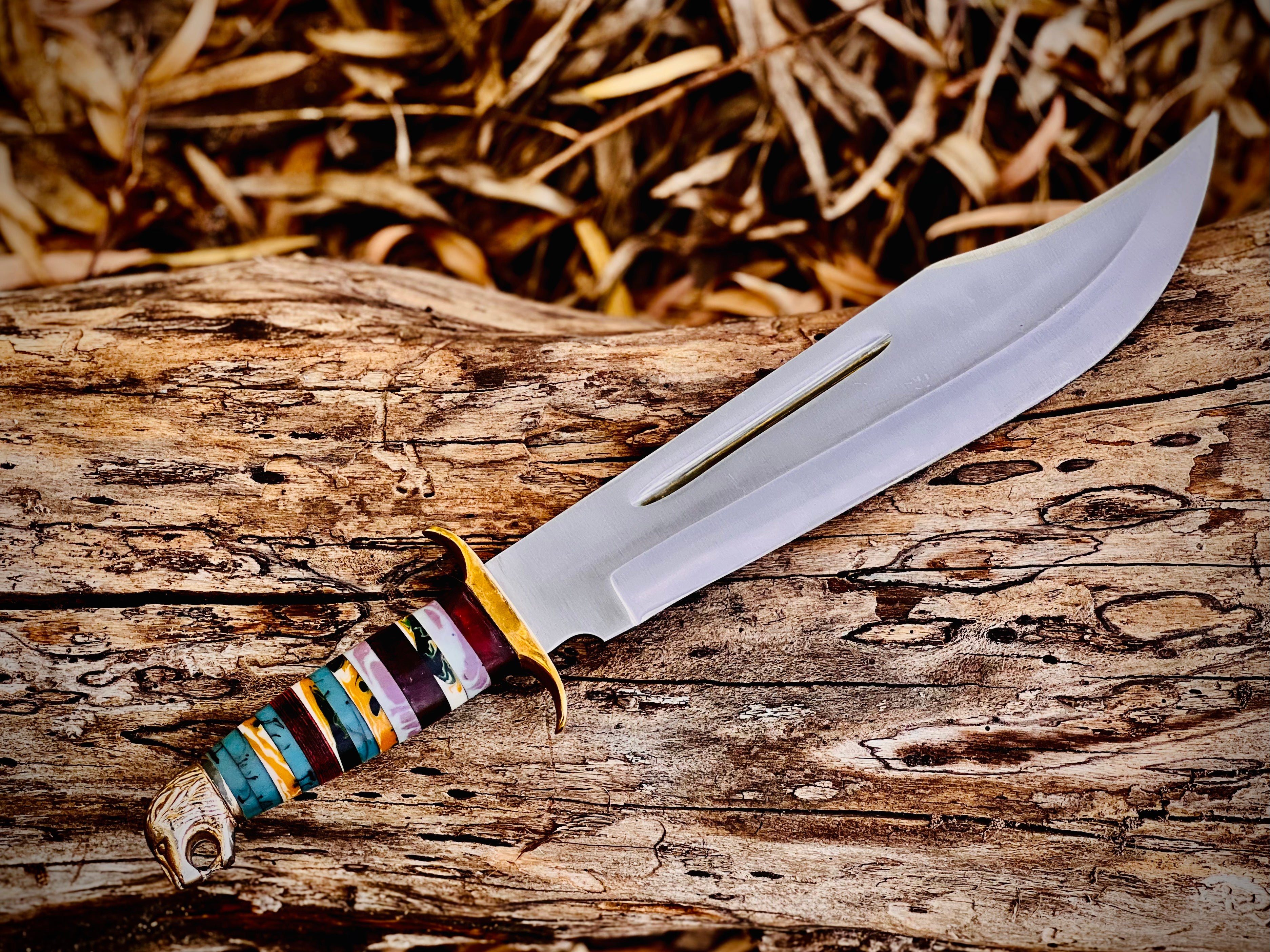 Painted Desert bowie knife with stacked multicolour spacer handle
