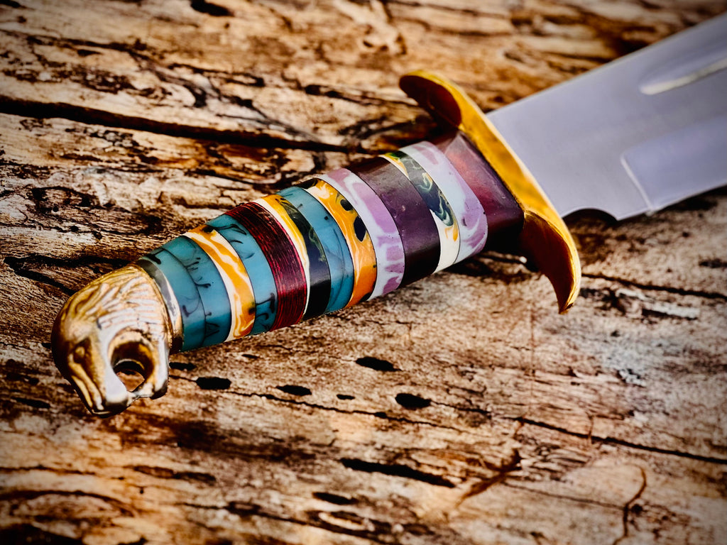 Painted Desert bowie knife with stacked multicolour spacer handle