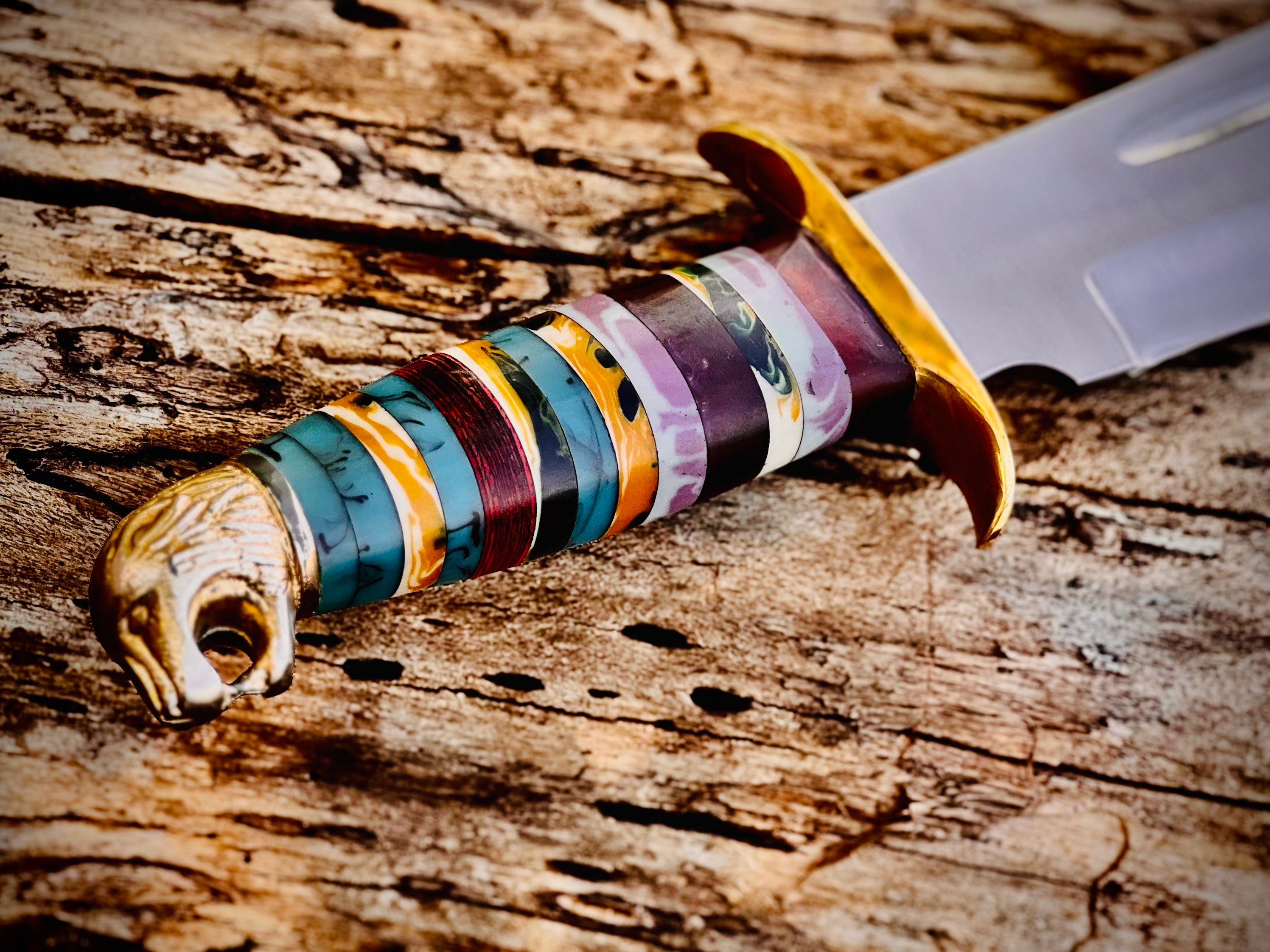 Painted Desert bowie knife with stacked multicolour spacer handle