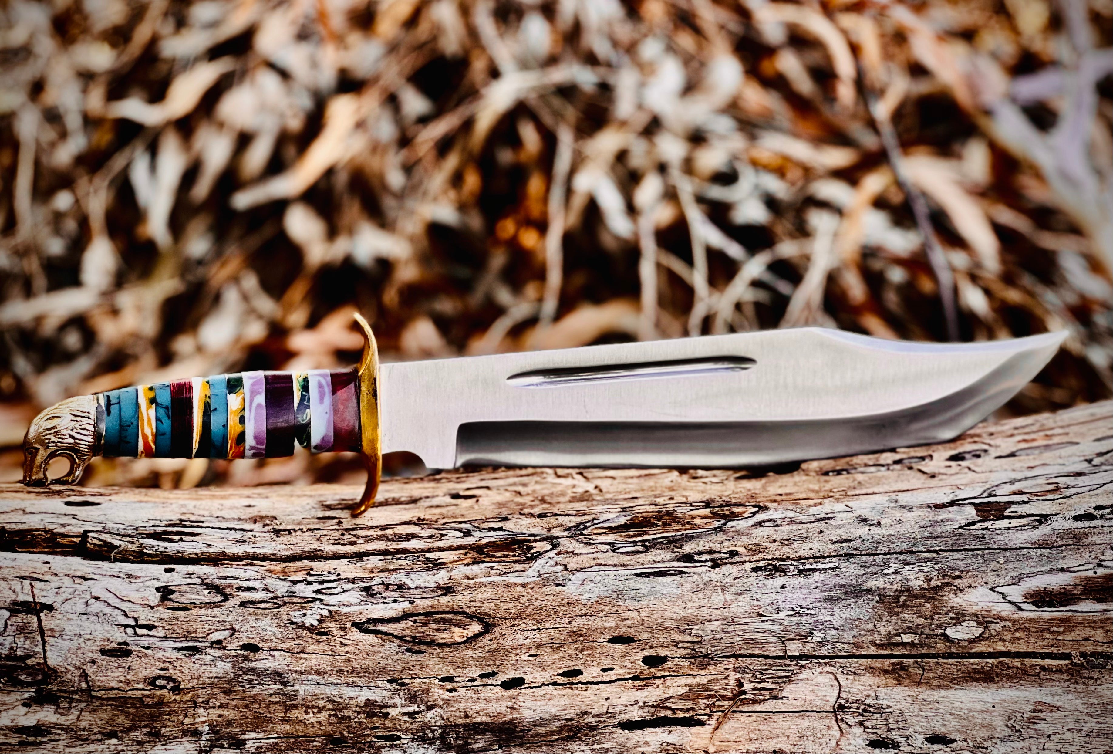 Painted Desert bowie knife with stacked multicolour spacer handle