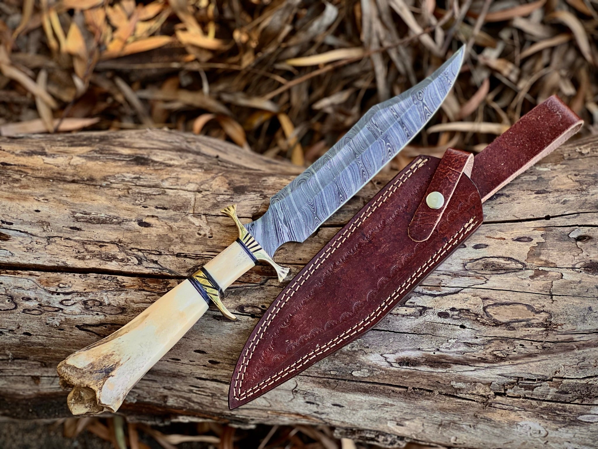 Boneguard Damascus hunting knife with bone handle and brass guard