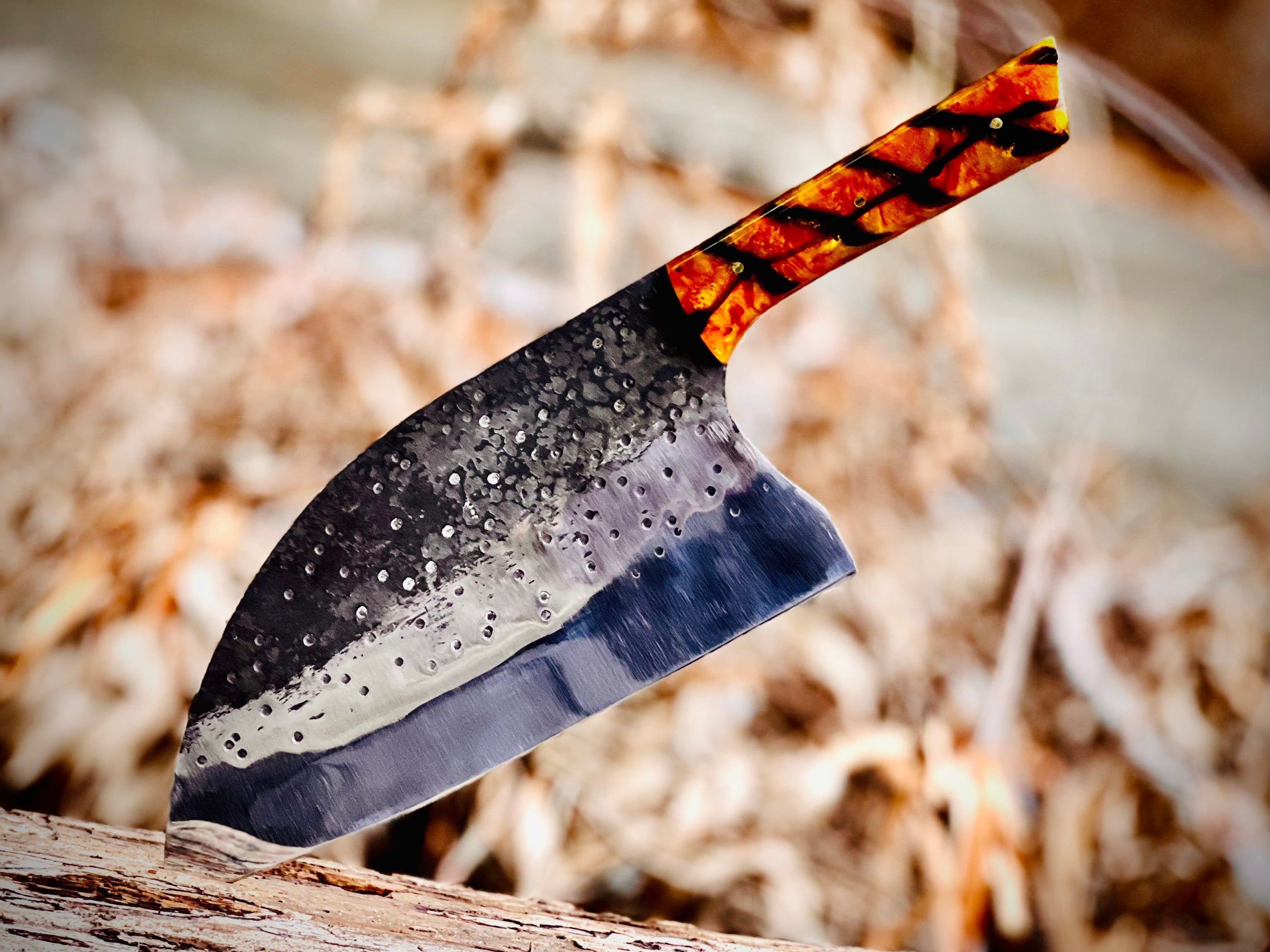 Hand-forged chef's cleaver with tortoiseshell resin handle