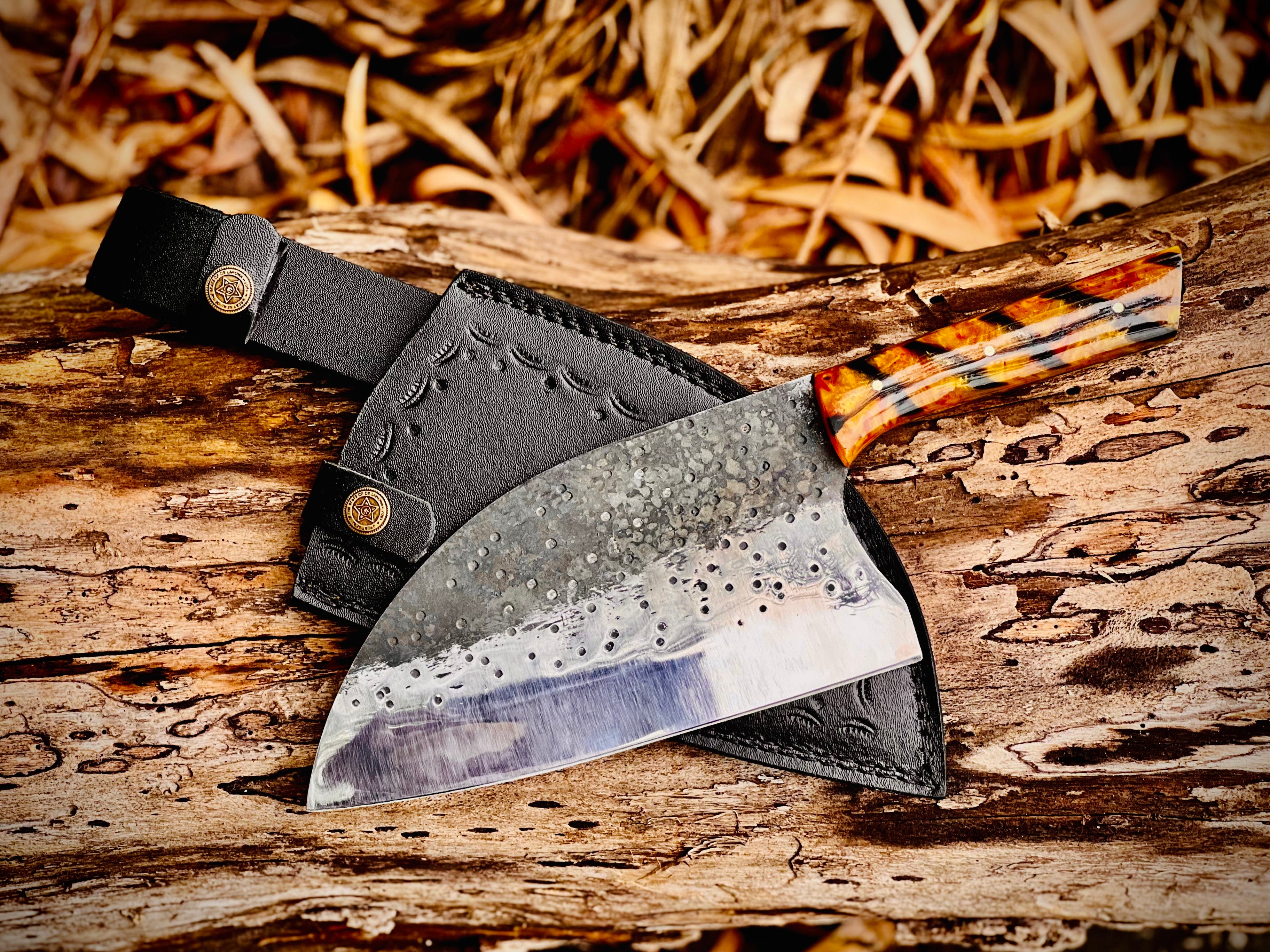 Hand-forged chef's cleaver with tortoiseshell resin handle