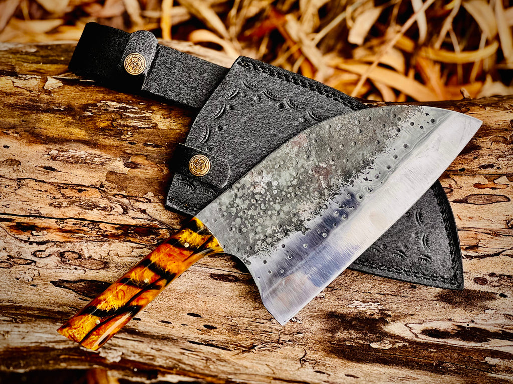 Hand-forged chef's cleaver with tortoiseshell resin handle