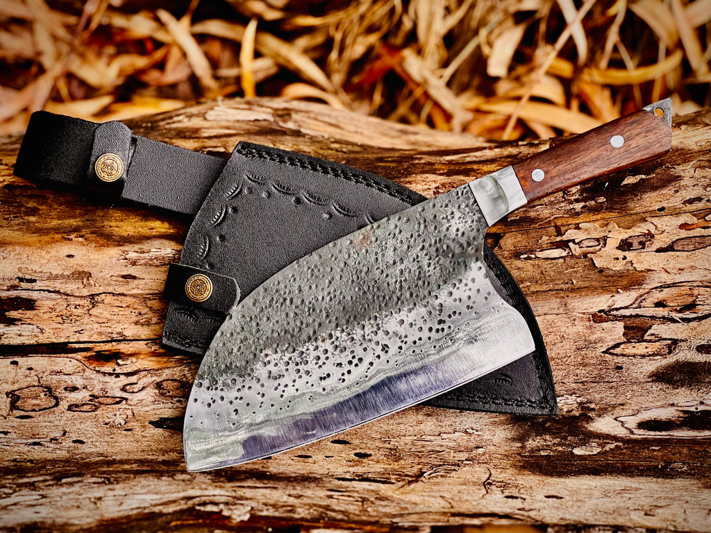 Hand-forged chef's cleaver with rosewood handle