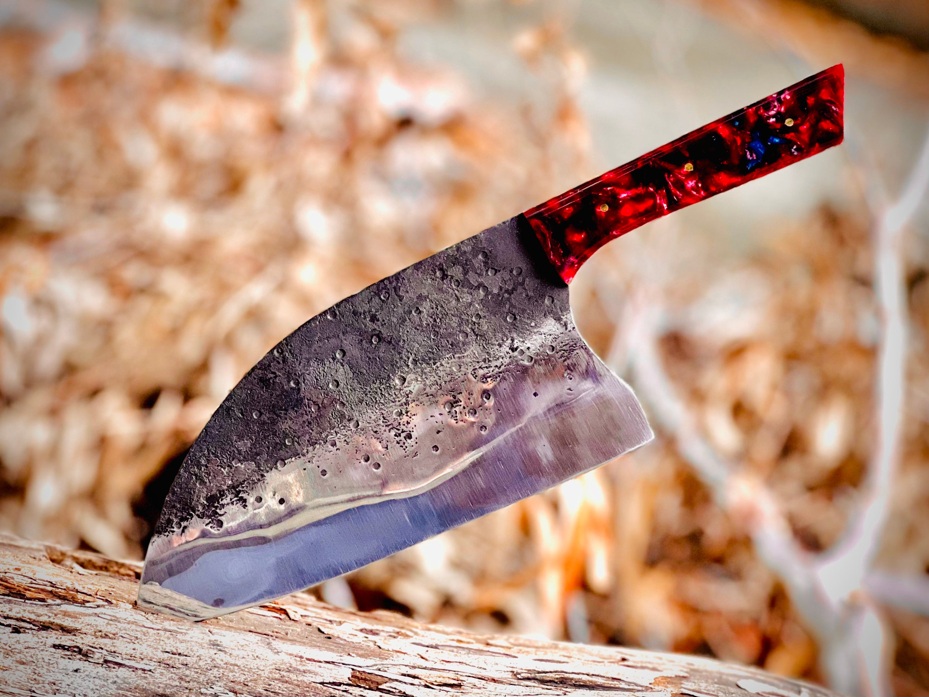Hand-forged chef's cleaver with galaxy resin handle and hamon line